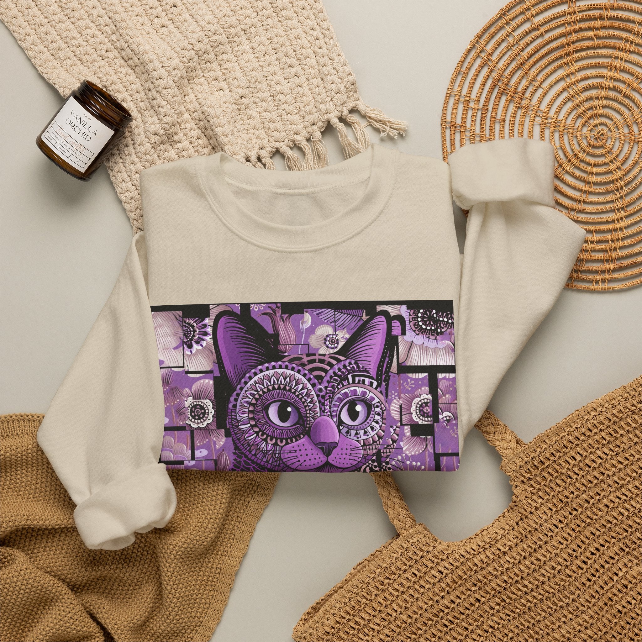 Purple Floral Owl Crewneck Sweatshirt — Whimsical Boho Animal Graphic