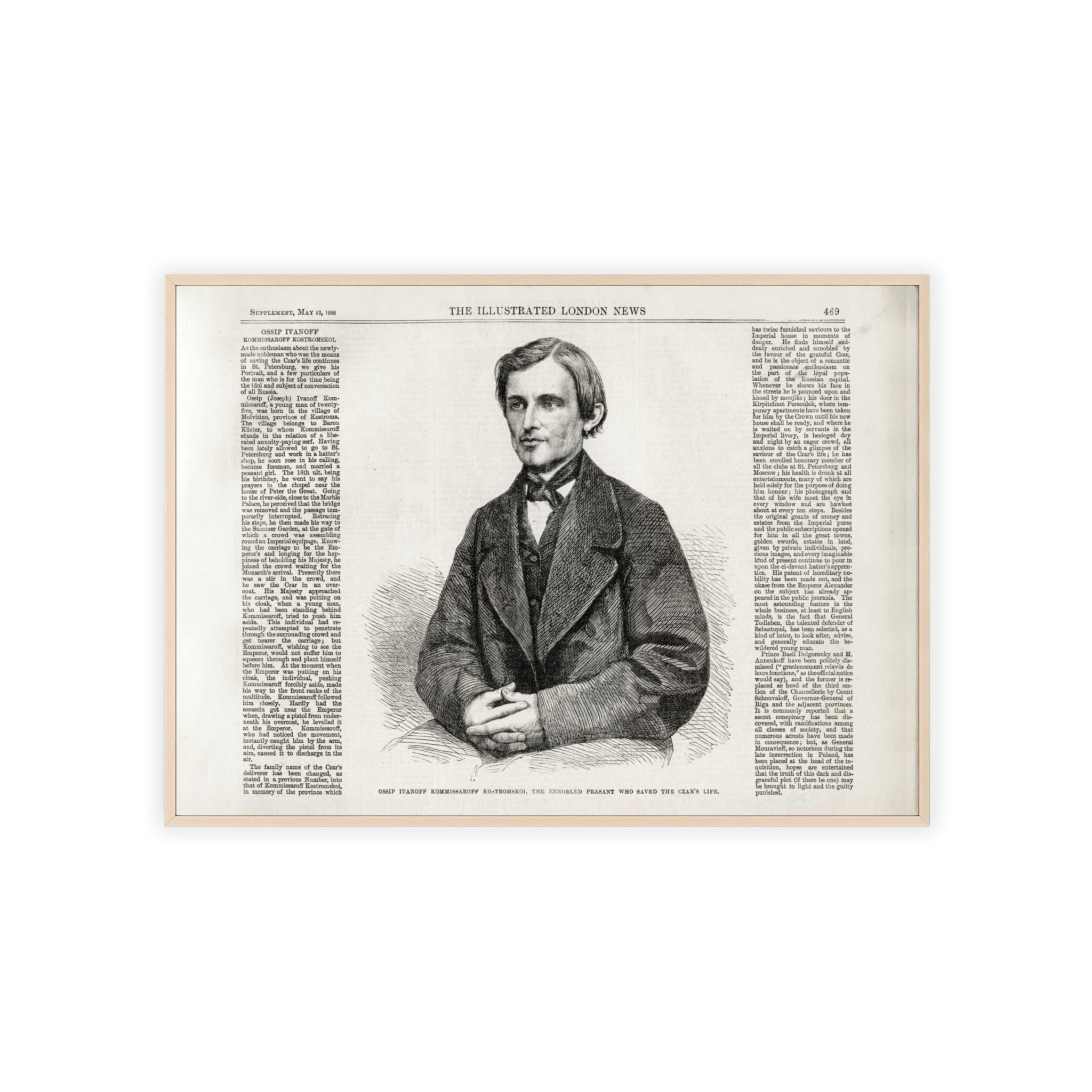 OSSIP IVANOFF, the peasant who saved the CZAR's Life. Vintage Illustrated Portrait Poster with Wooden Frame — Antique Newspaper Art Print