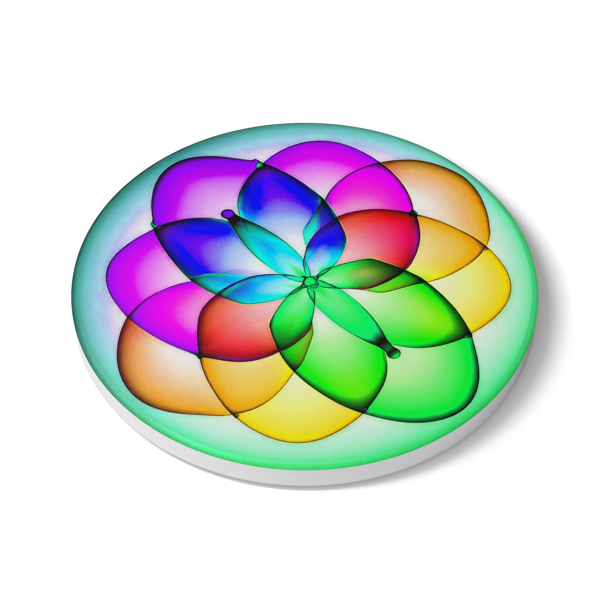 Rainbow Geometric Flower Ceramic Coaster – Colorful Mandala Drink Protector