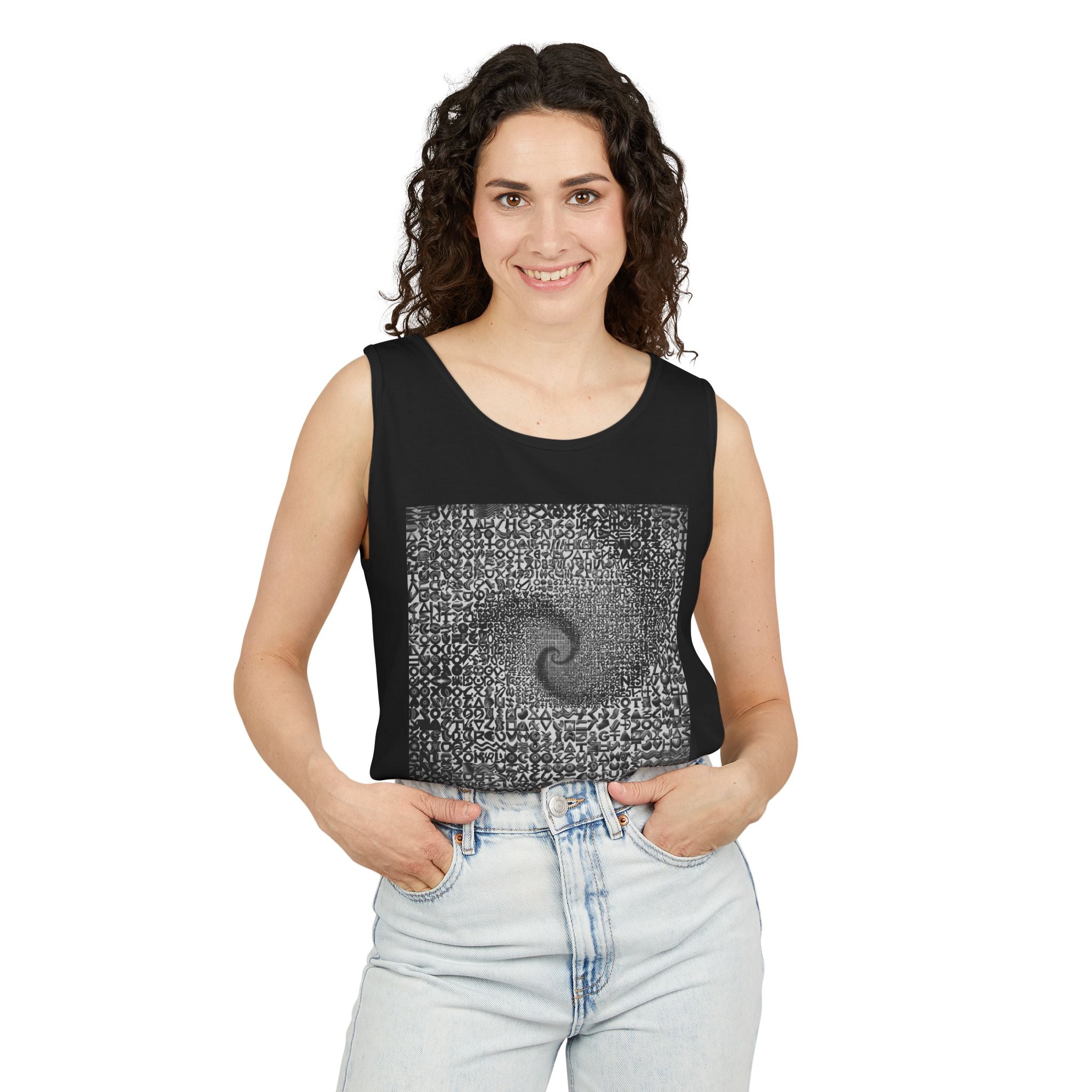 Spiral Text Art Tank Top — Monochrome Optical Typography Tee