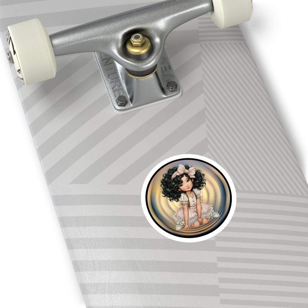 Cute Curly-Haired Doll Round Sticker — Indoor/Outdoor Vinyl Laptop Decal
