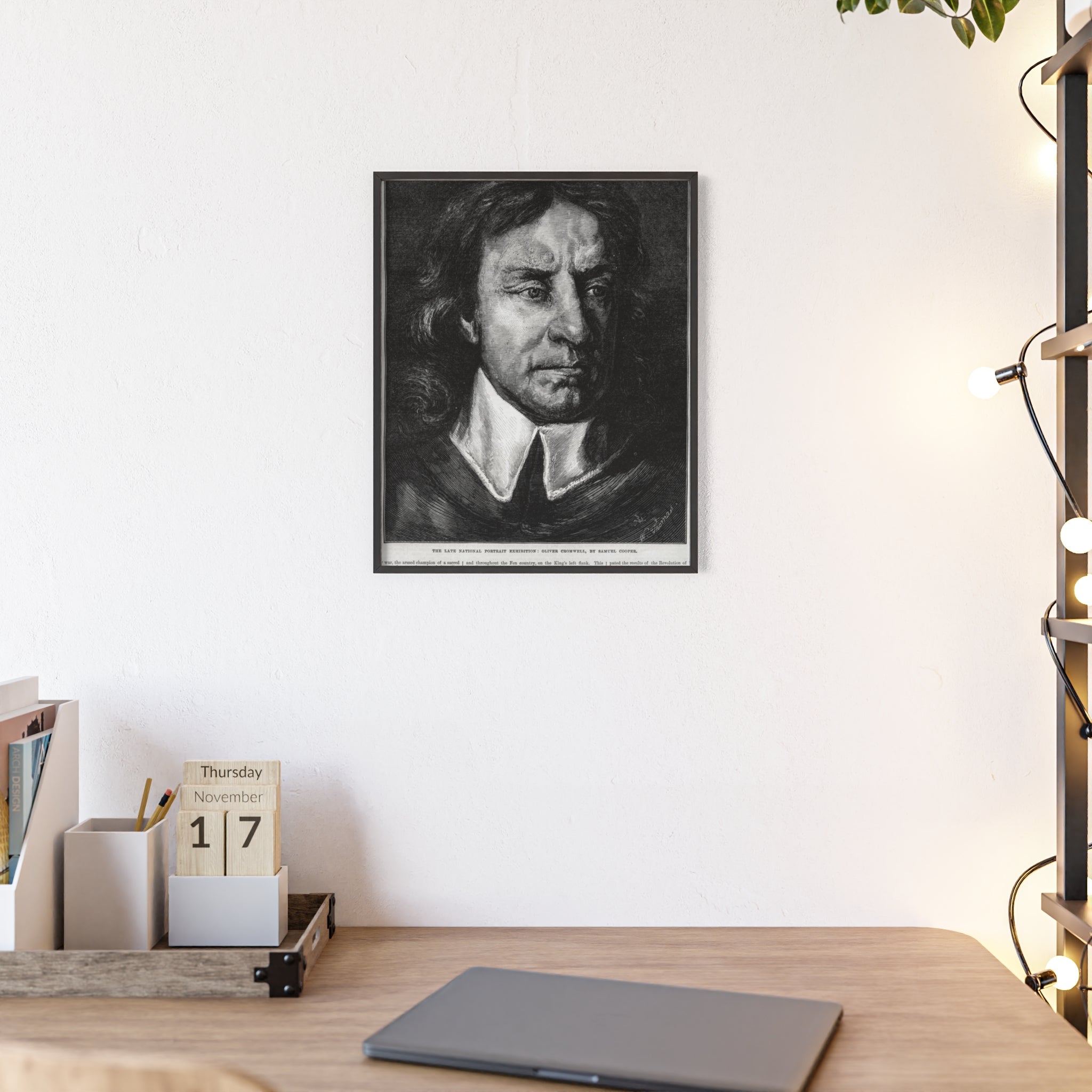 OLIVER CROMWELL. Historical Portrait Poster with Wooden Frame — Vintage Chalk-Style Print