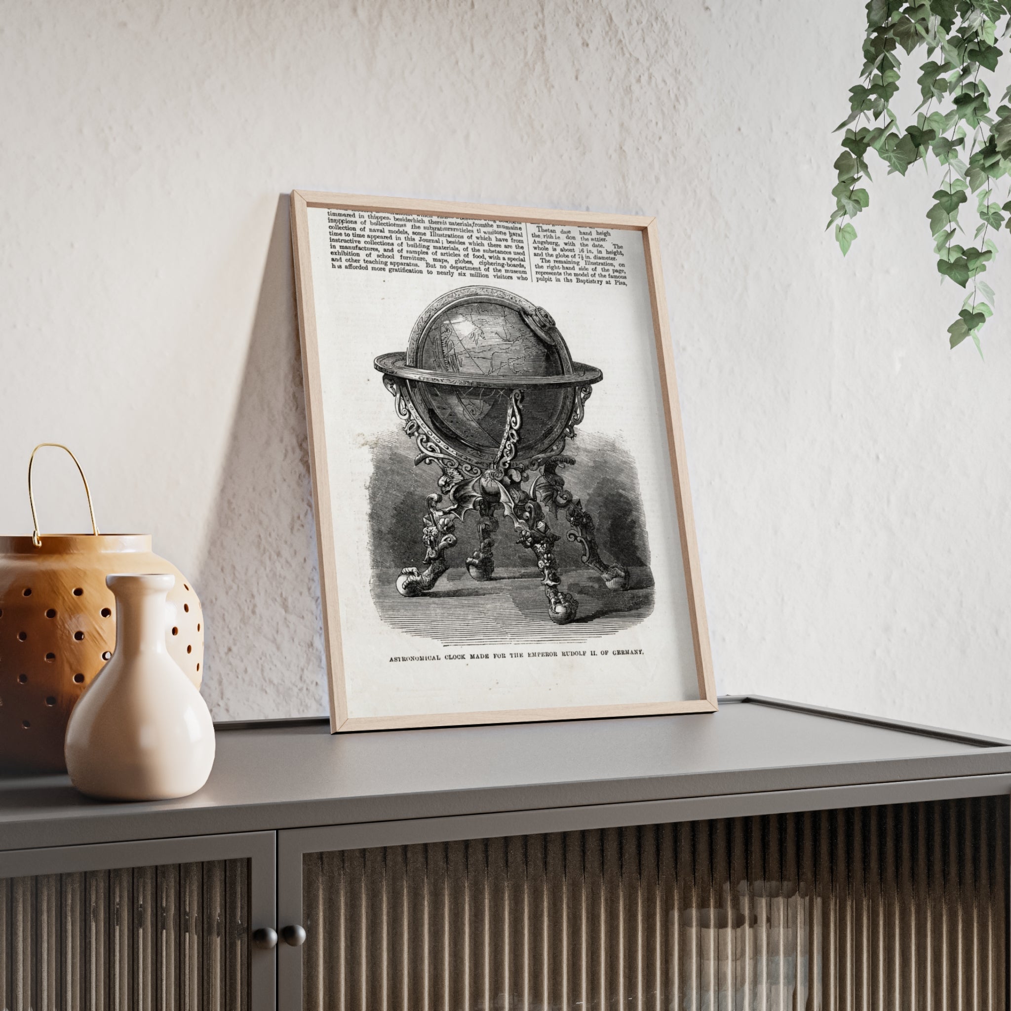 Astronomical Clock made for the Emperor RUDOLPH II, of Germany. Vintage Globe Illustration Poster with Wooden Frame — Antique Map Print