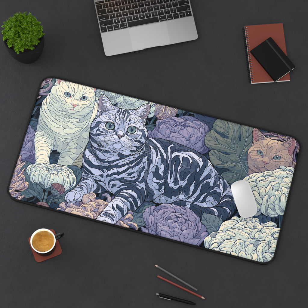 Floral Cats Desk Mat — Vintage Botanical Cat Mousepad for Home Office