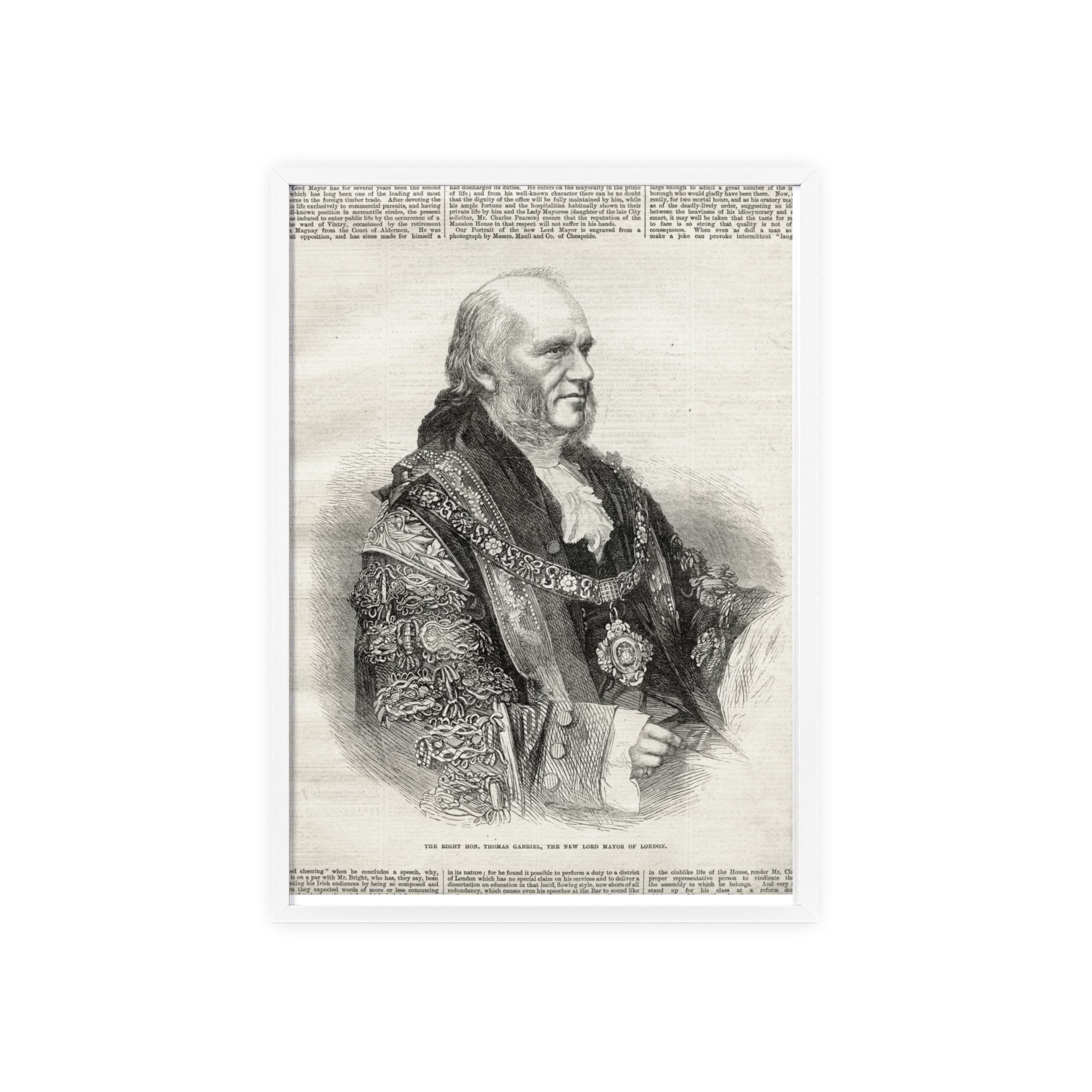 The Right Hon.Thomas Gabriel, the New Lord Mayor of London. Vintage Illustrated Statesman Poster with Black Wooden Frame