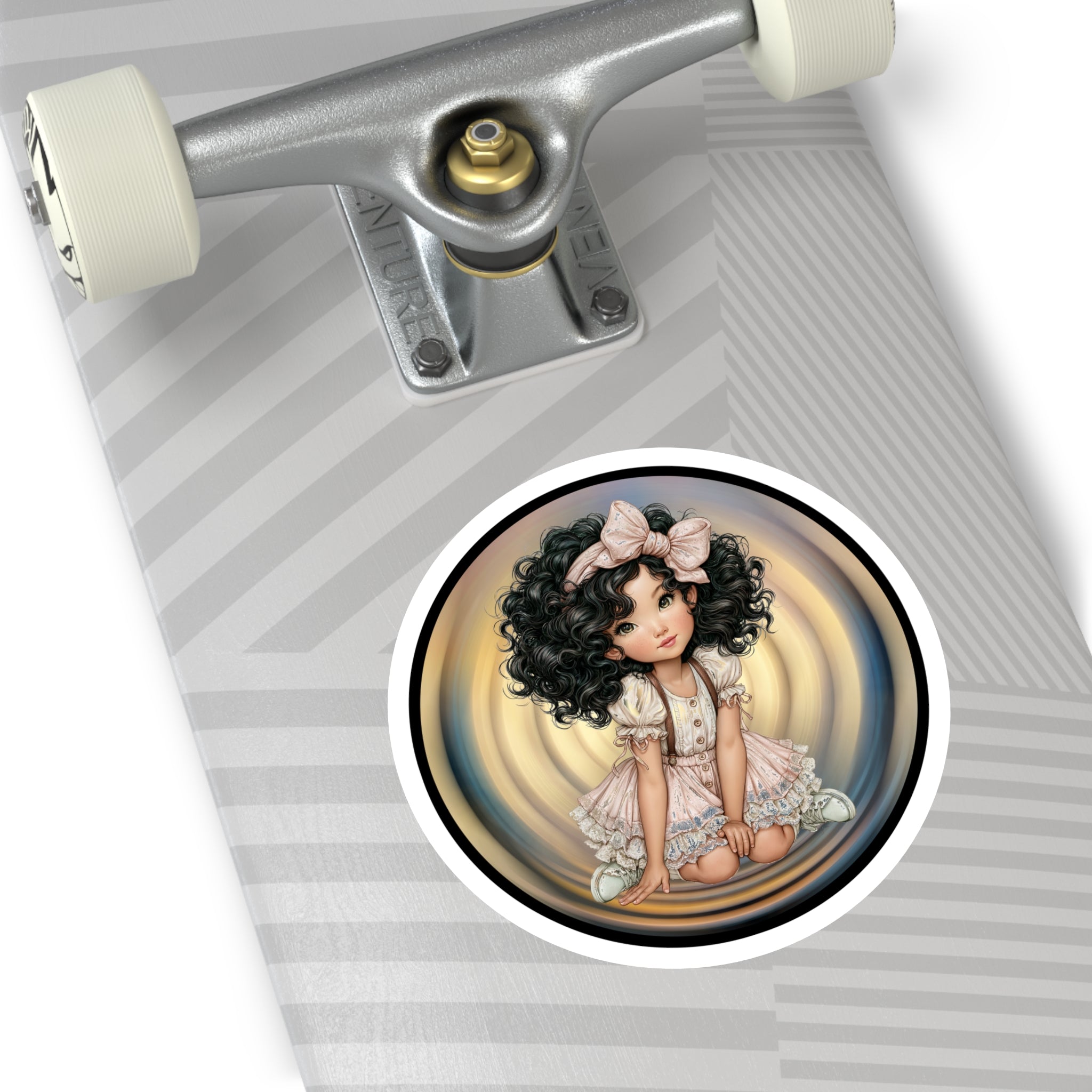 Cute Curly-Haired Doll Round Sticker — Indoor/Outdoor Vinyl Laptop Decal