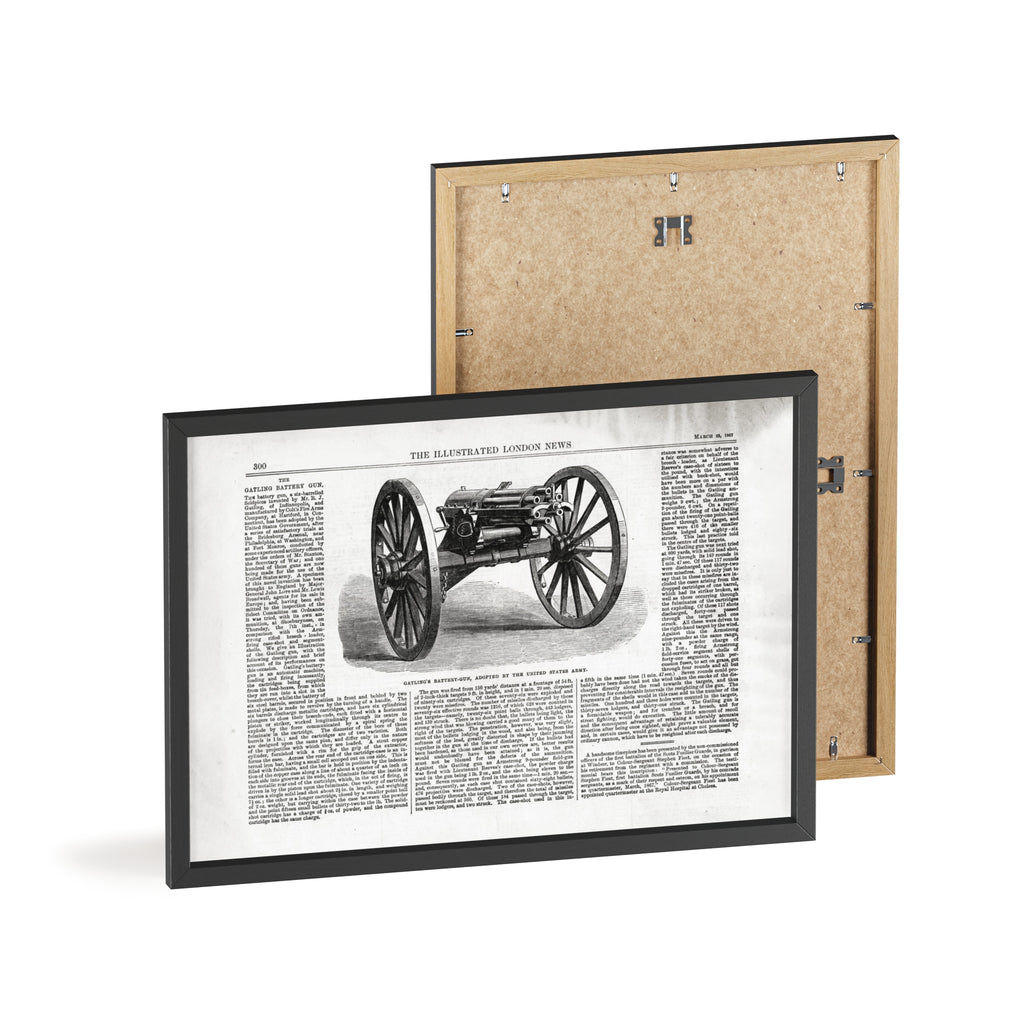 GATLING'S Battery-Gun, adopted by the United States Army. Vintage Cannon Patent Poster with Wooden Frame – Antique Engineering Print