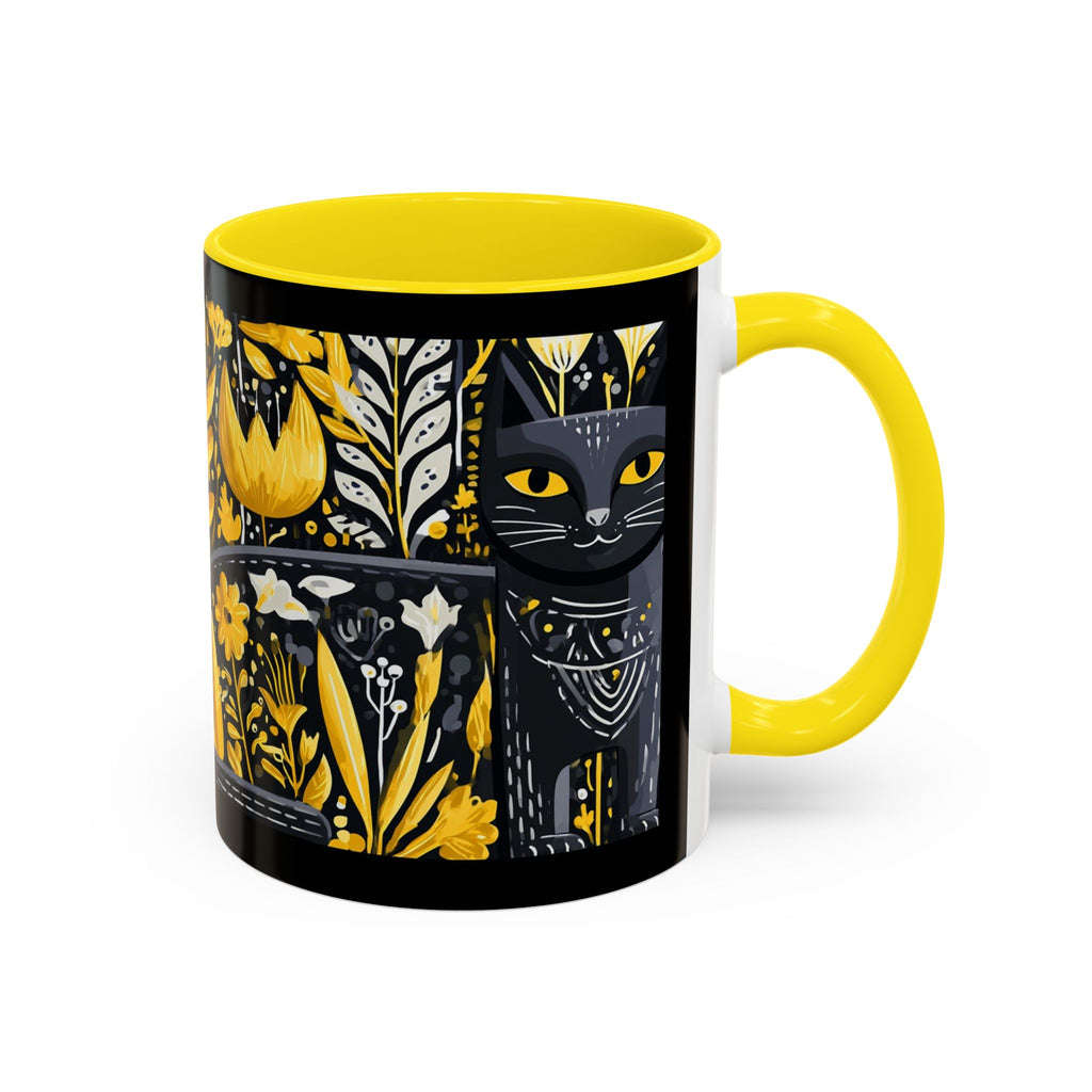 Black & Gold Cat Floral Coffee Mug — Whimsical Botanical Cat Accent Mug (11/15oz)