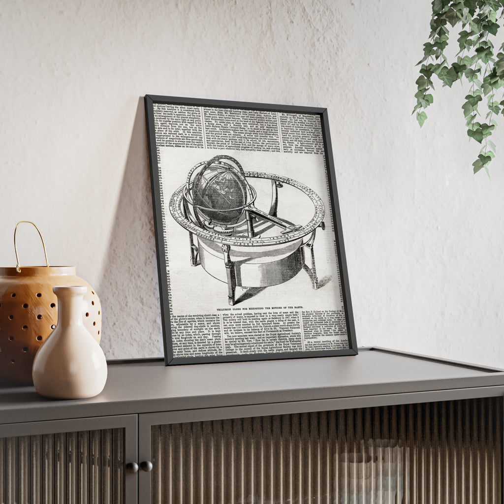 TELLURION GLOBE for Exhibiting the Motions of the Earth. Vintage Celestial Globe Poster with Wooden Frame — Antique Astronomy Wall Art