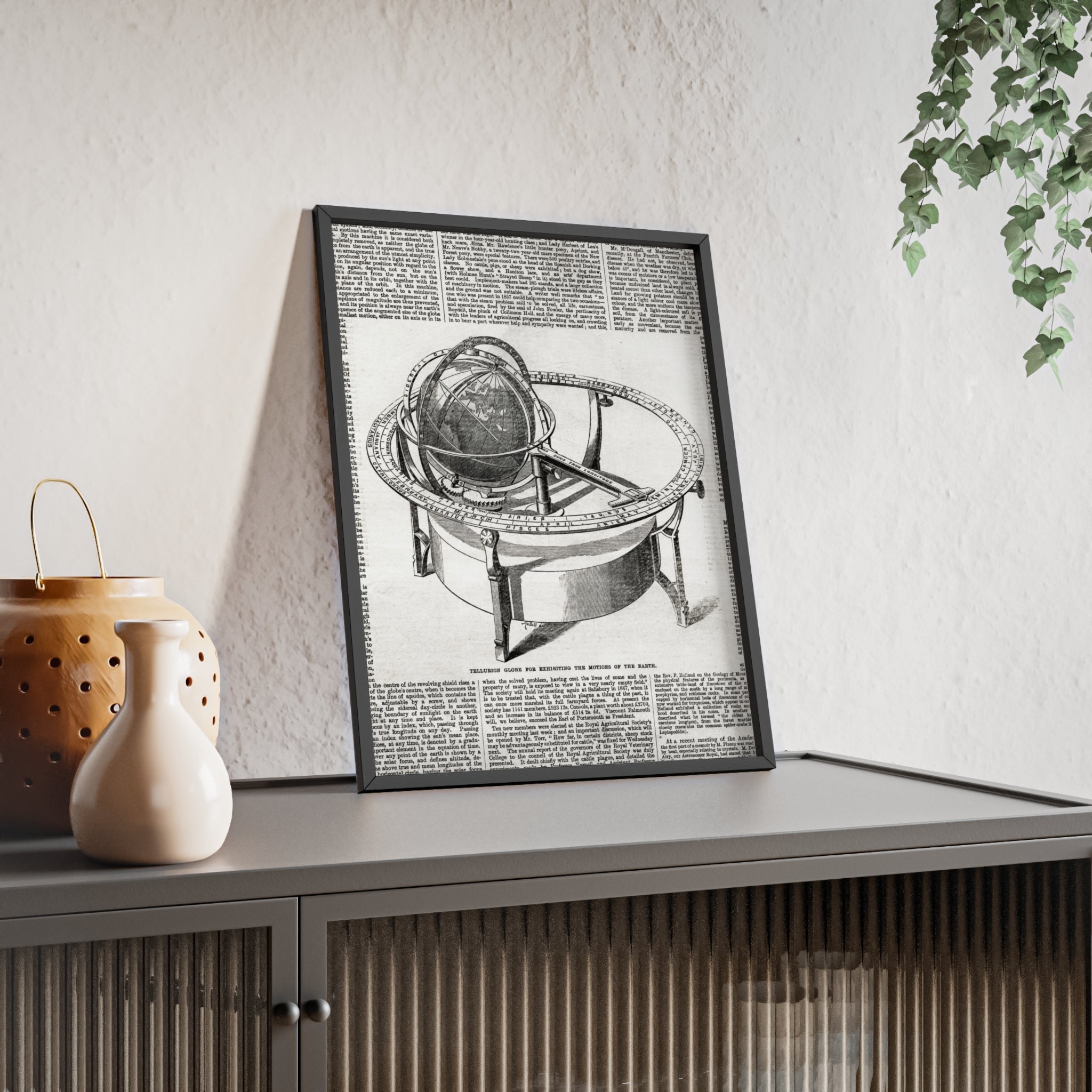 TELLURION GLOBE for Exhibiting the Motions of the Earth. Vintage Celestial Globe Poster with Wooden Frame — Antique Astronomy Wall Art