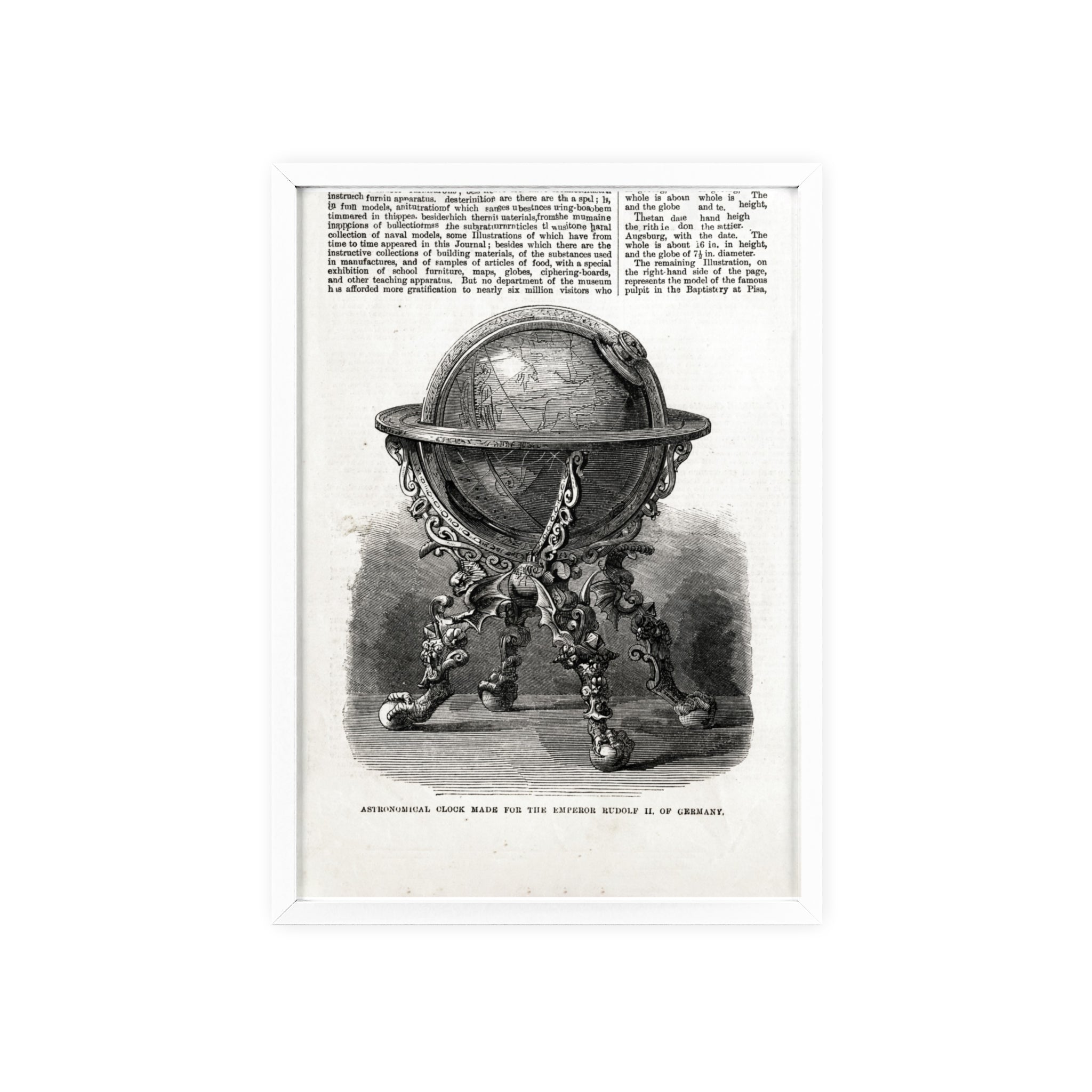 Astronomical Clock made for the Emperor RUDOLPH II, of Germany. Vintage Globe Illustration Poster with Wooden Frame — Antique Map Print