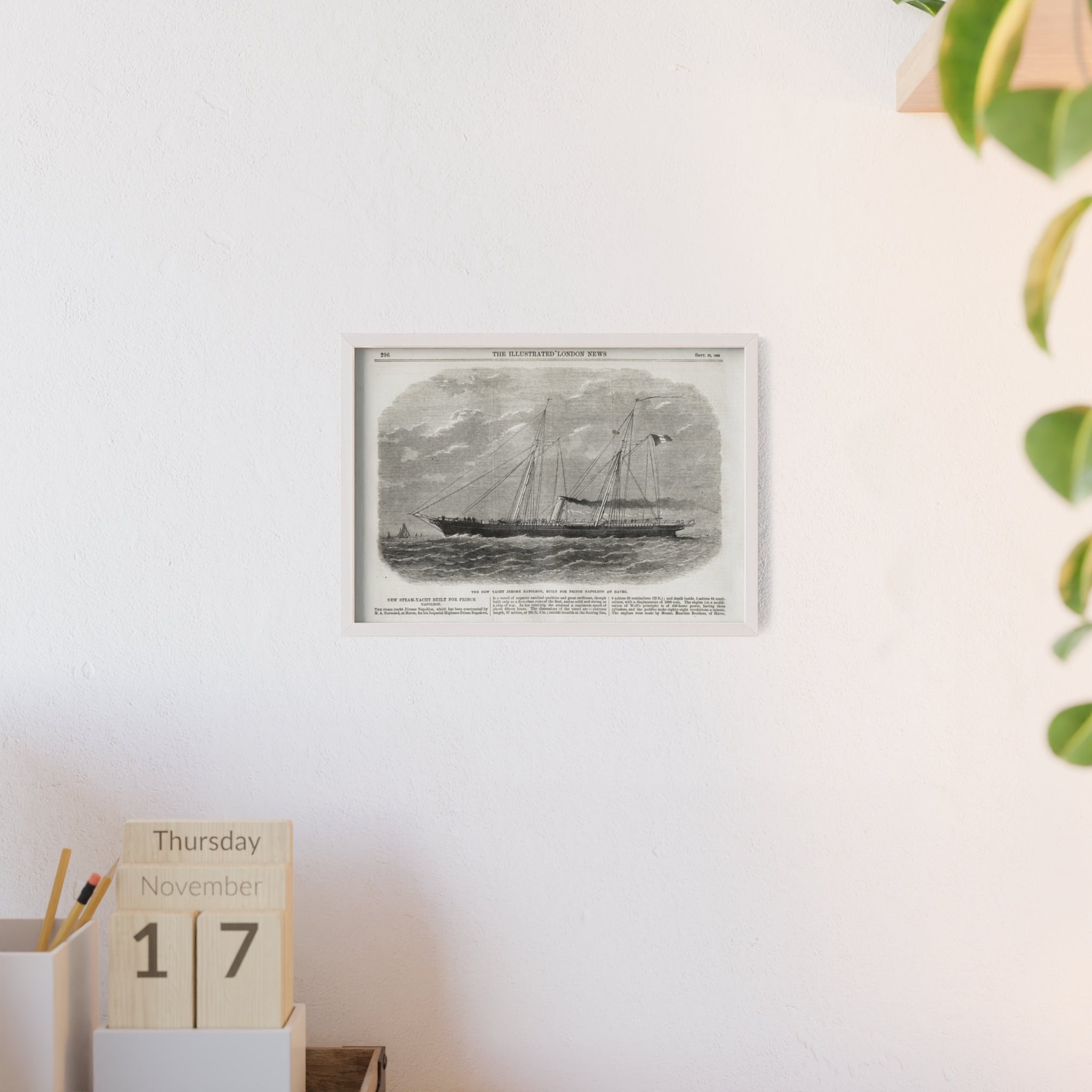 The New Yacht JEROME NAPOLEON, Built for Prince NAPOLEAN at Havre. Framed Vintage Ship Print Poster — Nautical Wall Art with Wooden Frame