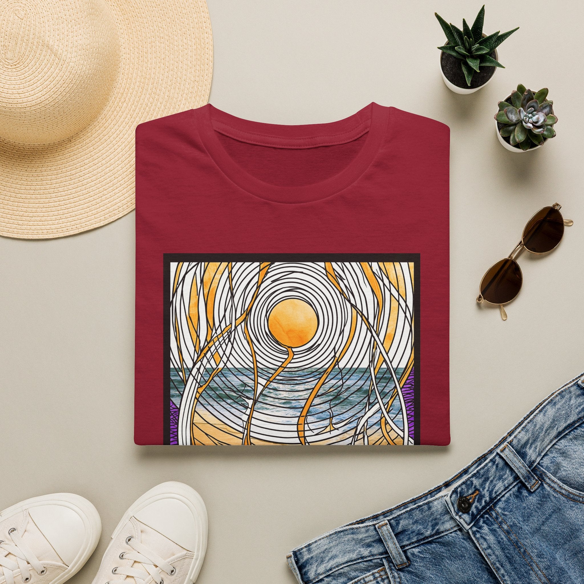 Sunlit Waves Art Tee — Black Cat & Golden Moon Graphic T-Shirt