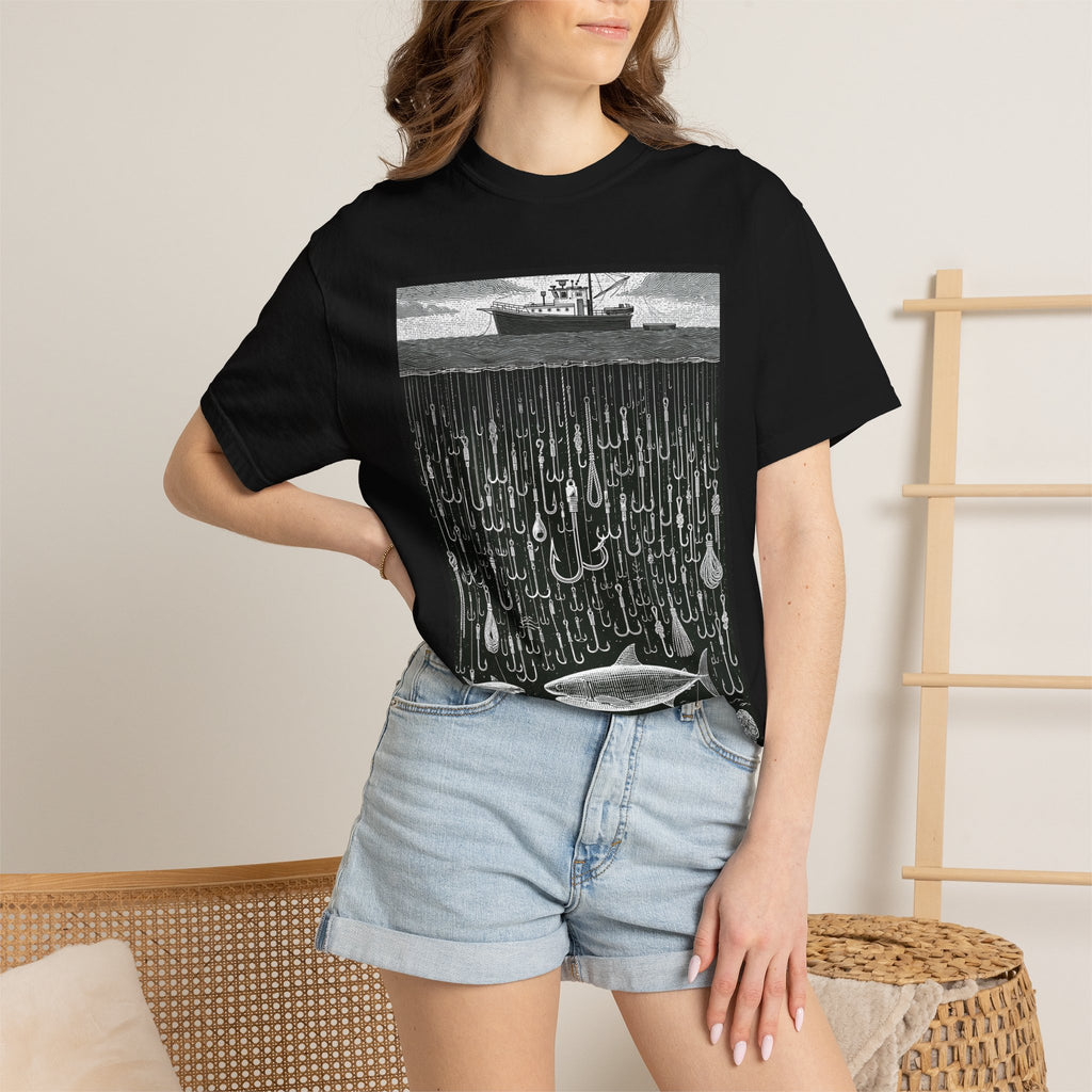 Fishing Boat & Hooks Graphic T-Shirt — Ocean Conservation Art Tee