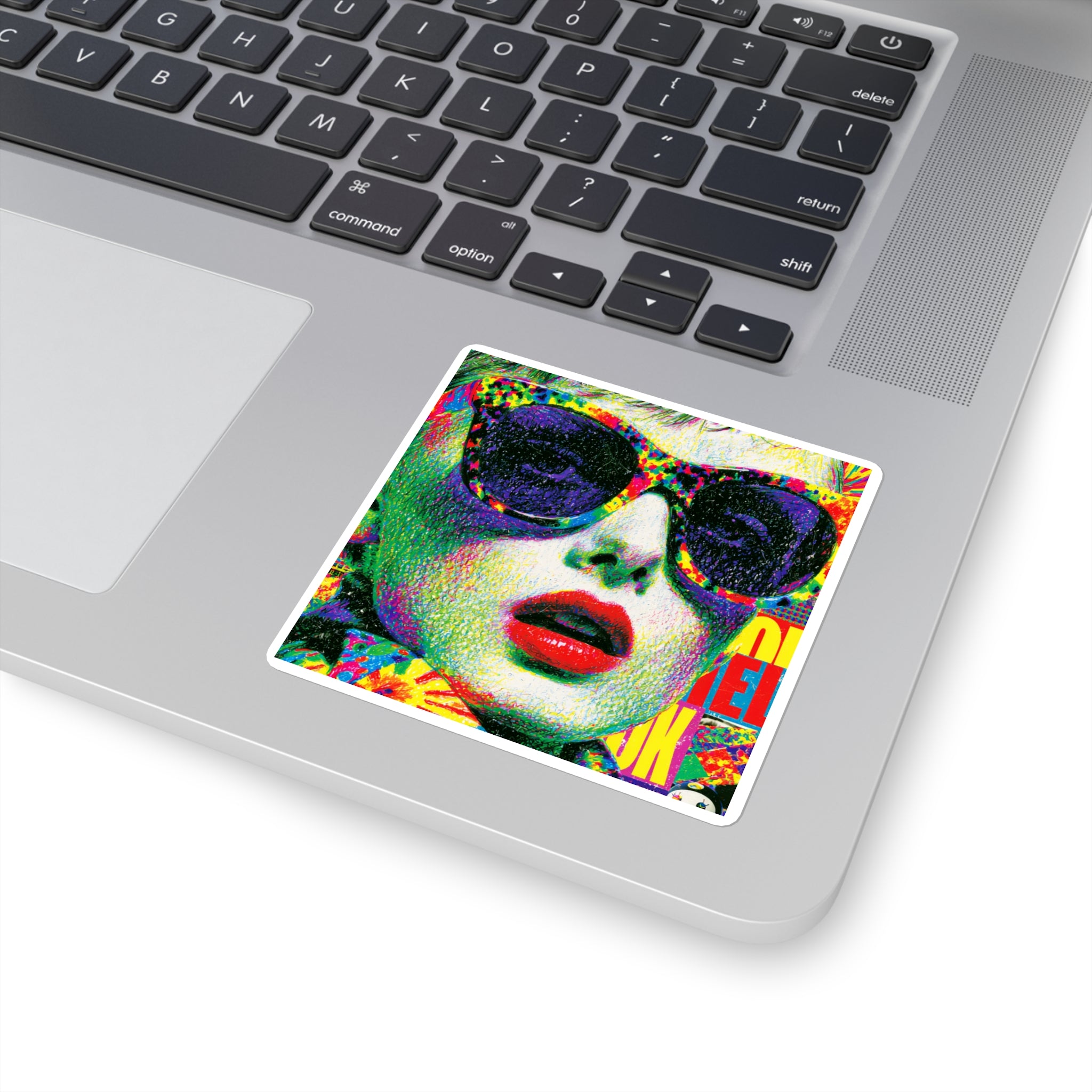 Pop Art Sunglasses Square Sticker — Colorful Retro Portrait Decal