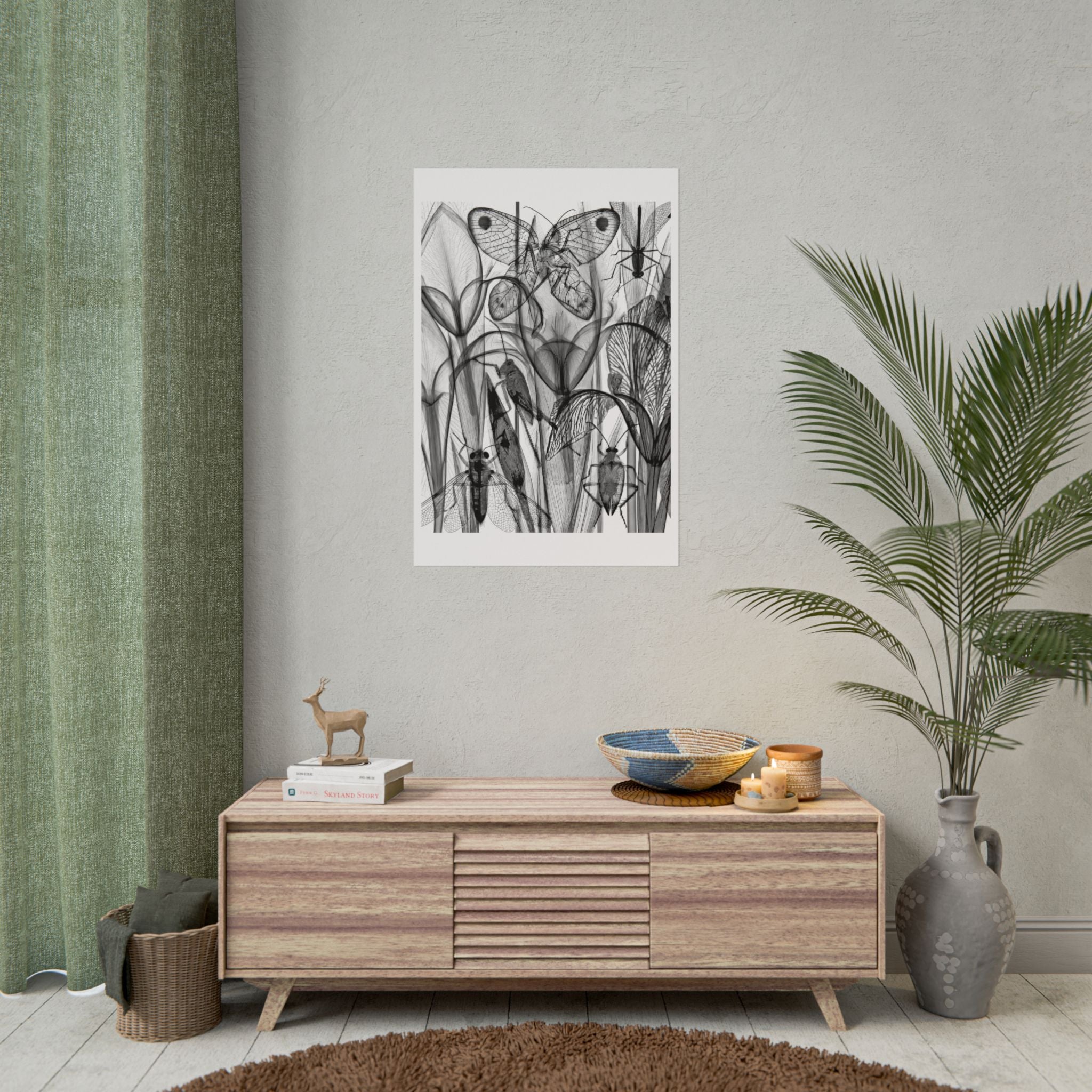 Monochrome Botanical Insects Rolled Poster — X-Ray Style Nature Art Print