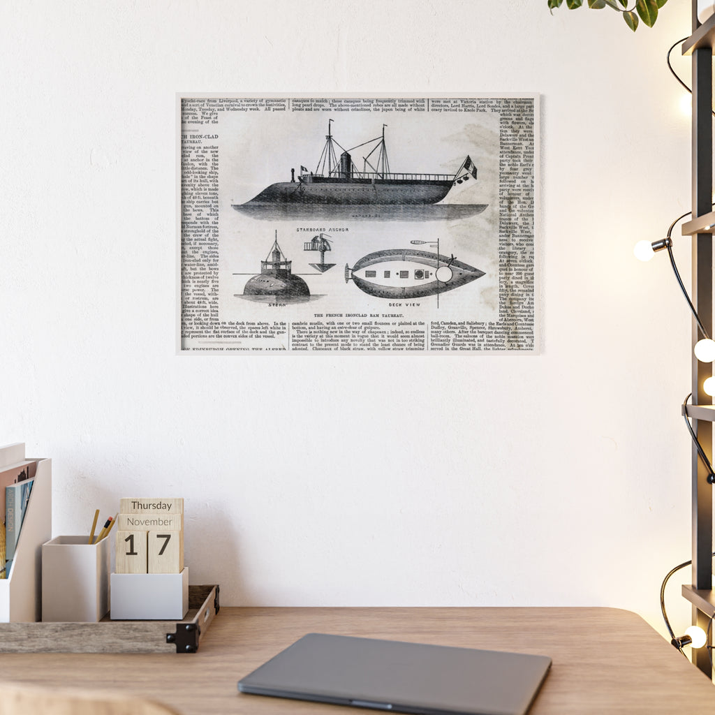 The French Ironclad RAM TAUREAU. Vintage Steamboat Patent Poster — Framed Nautical Wall Art