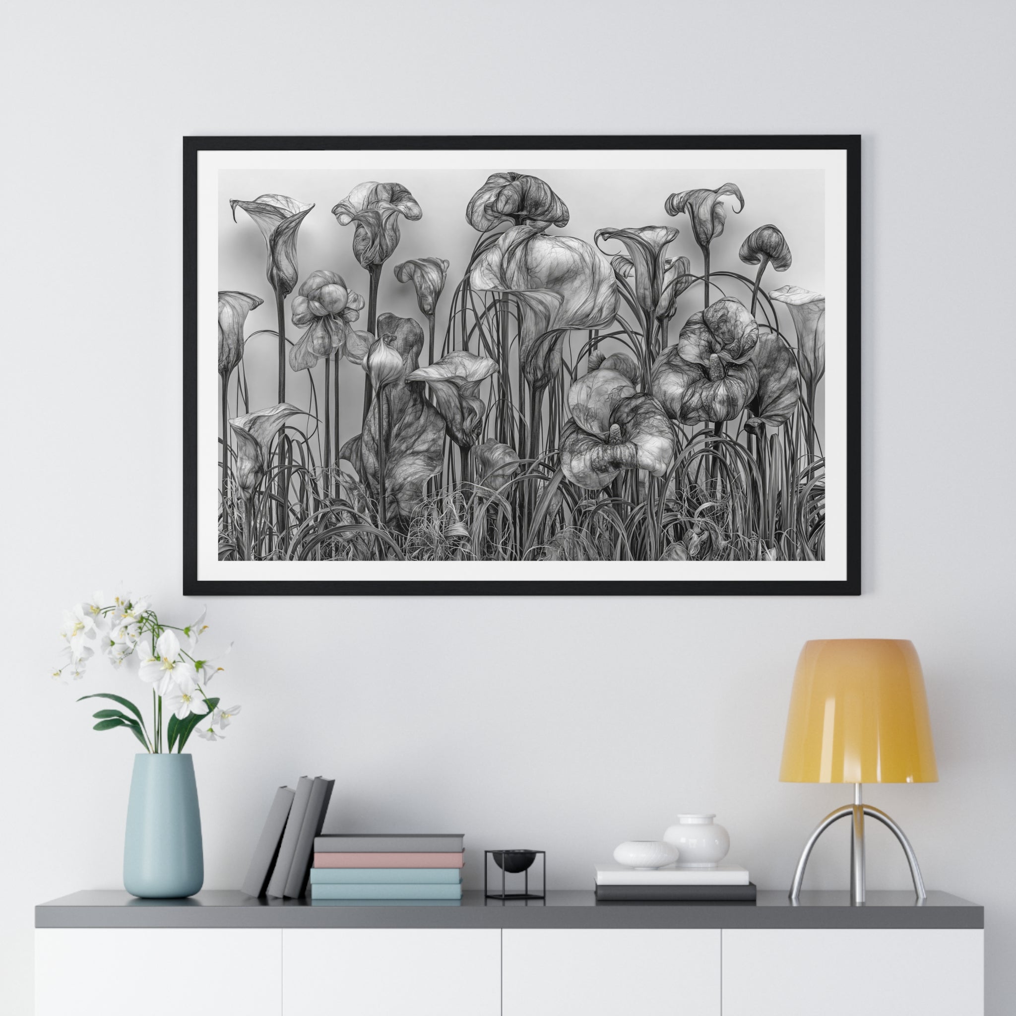 Black & White Botanical Framed Poster — Monochrome Calla Lily Wall Art (Horizontal)
