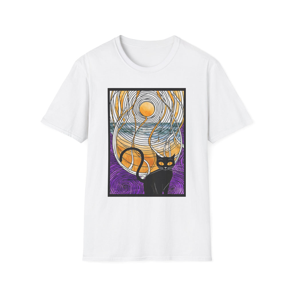 Sunlit Waves Art Tee — Black Cat & Golden Moon Graphic T-Shirt