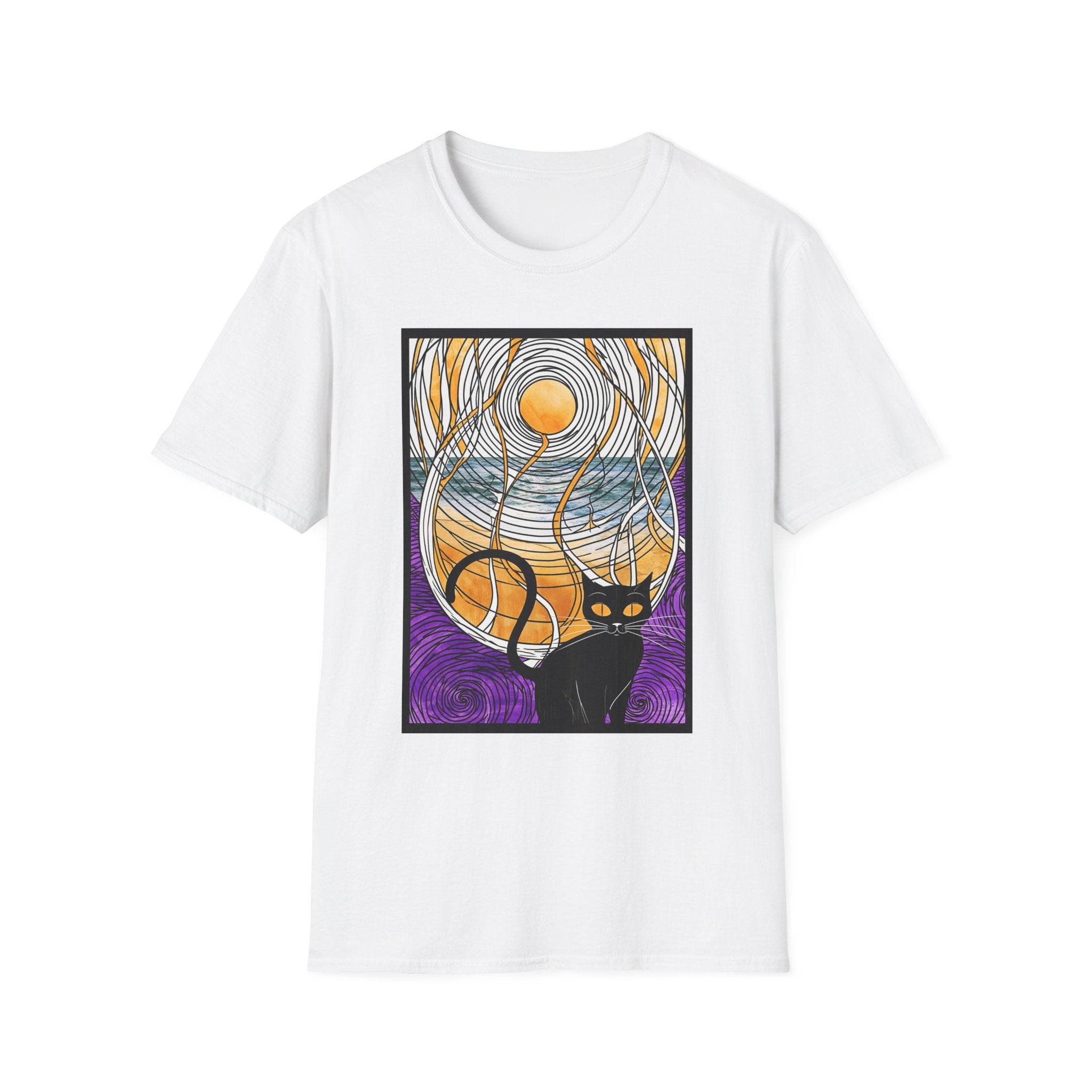 Sunlit Waves Art Tee — Black Cat & Golden Moon Graphic T-Shirt