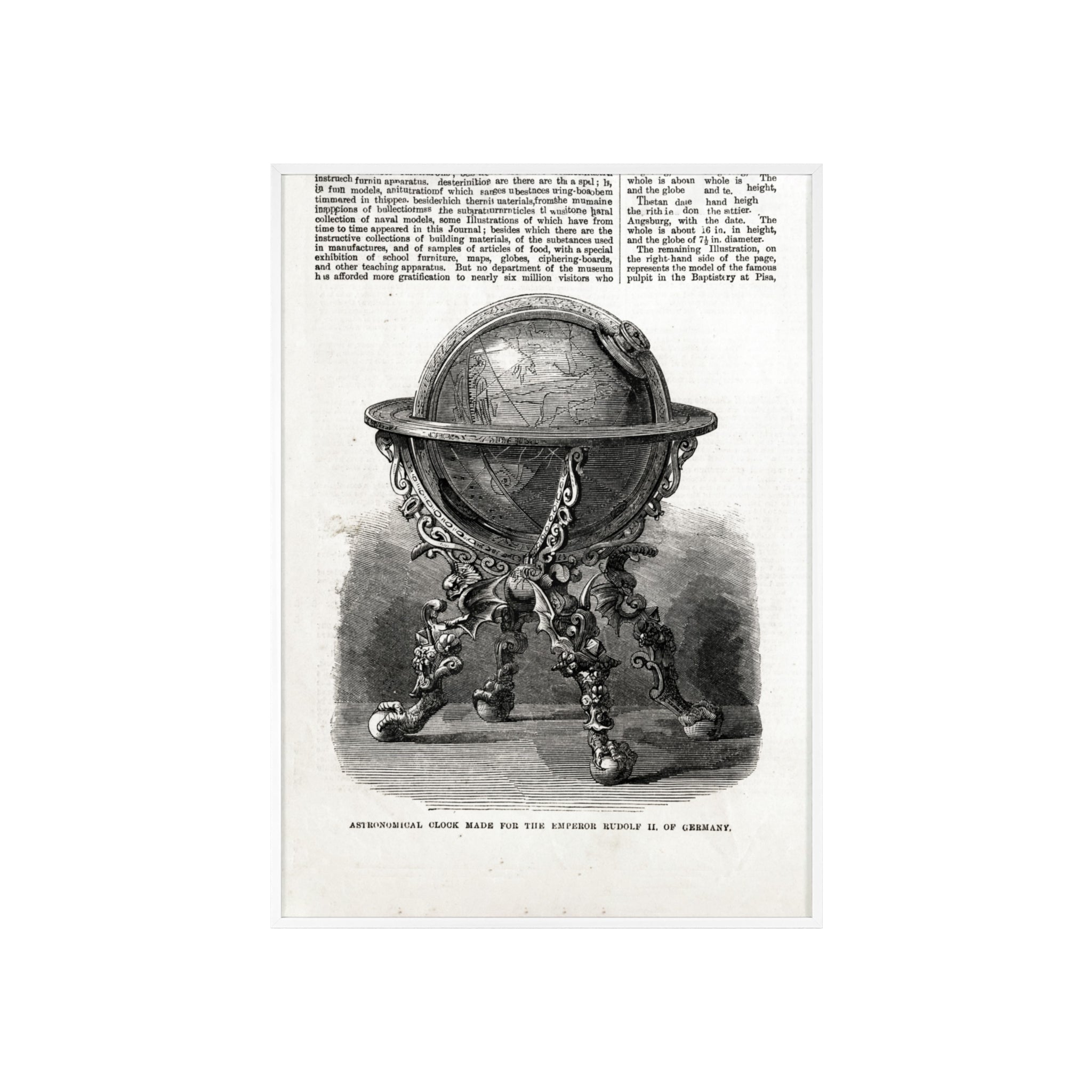 Astronomical Clock made for the Emperor RUDOLPH II, of Germany. Vintage Globe Illustration Poster with Wooden Frame — Antique Map Print