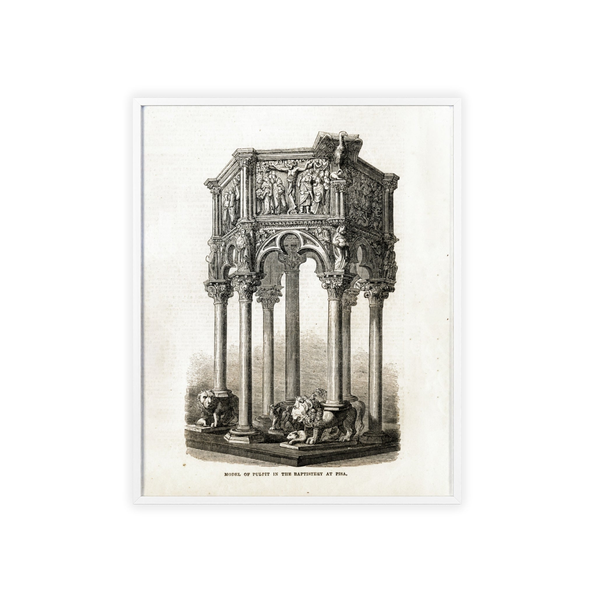 Model of Pulpit in the Baptistery at PISA. Antique Architectural Print Poster — Gothic Baptistery Illustration in Wooden Frame
