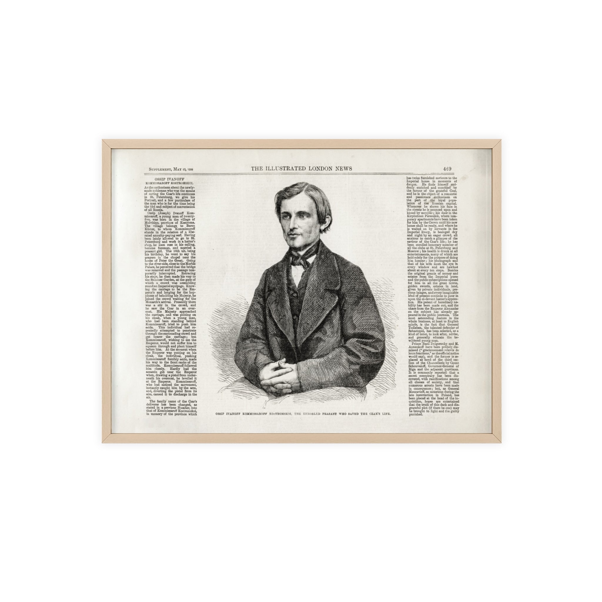OSSIP IVANOFF, the peasant who saved the CZAR's Life. Vintage Illustrated Portrait Poster with Wooden Frame — Antique Newspaper Art Print