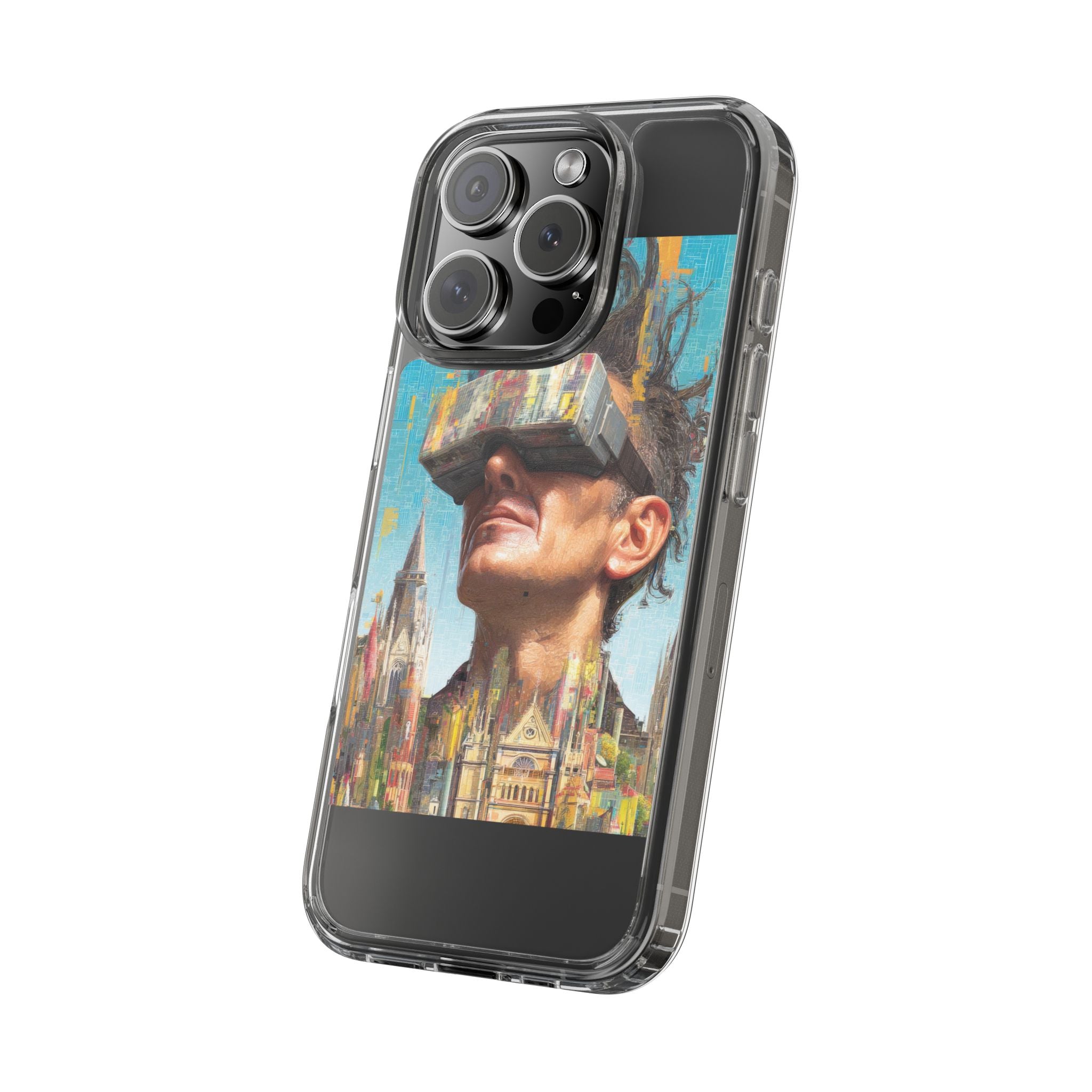 Clear Phone Case — Retro VR Cityscape Illustration