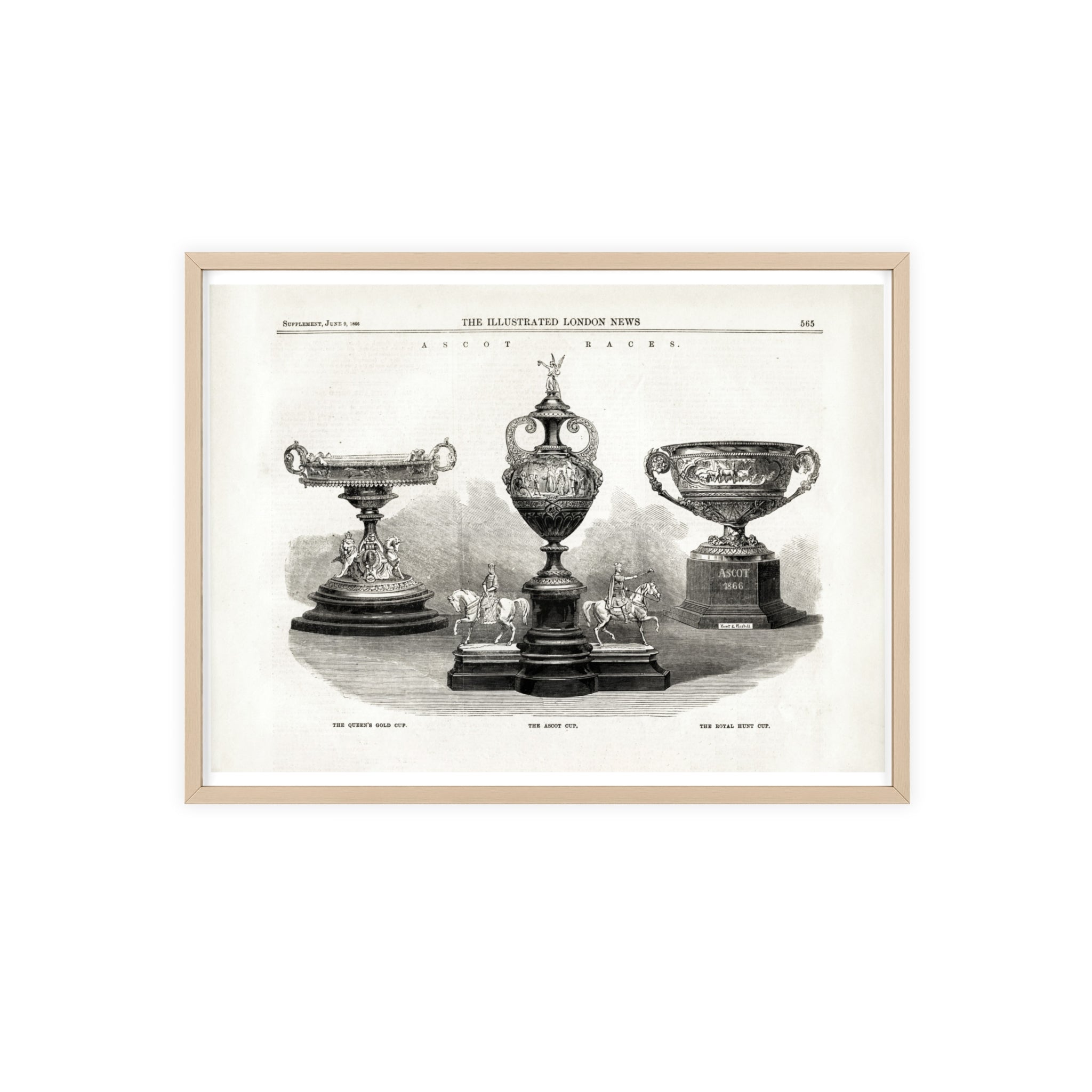 The ASCOT Races. Vintage Trophy Engraving Poster with Wooden Frame