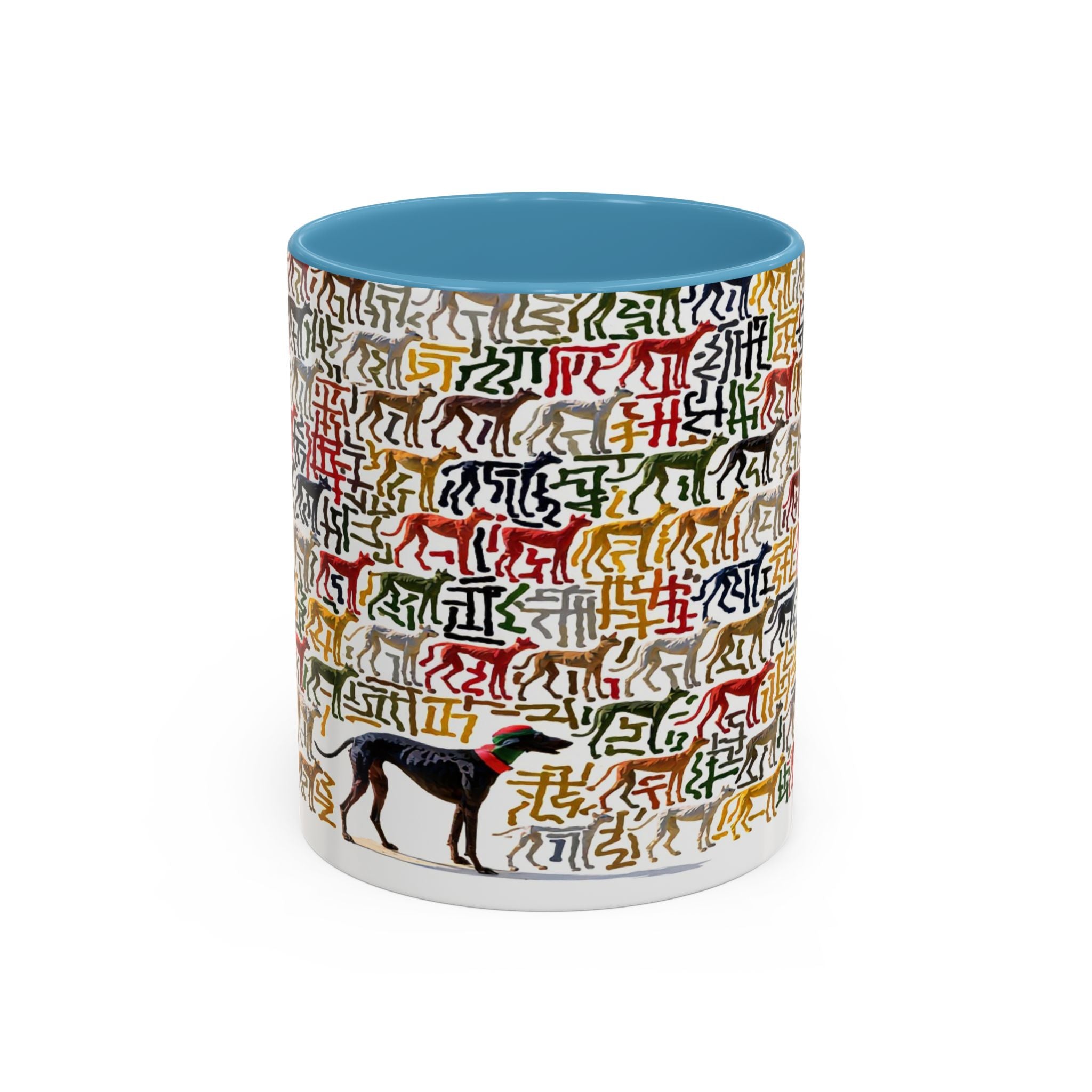 Greyhound Silhouette Accent Coffee Mug — Colorful Script Dog Pattern (11/15oz)