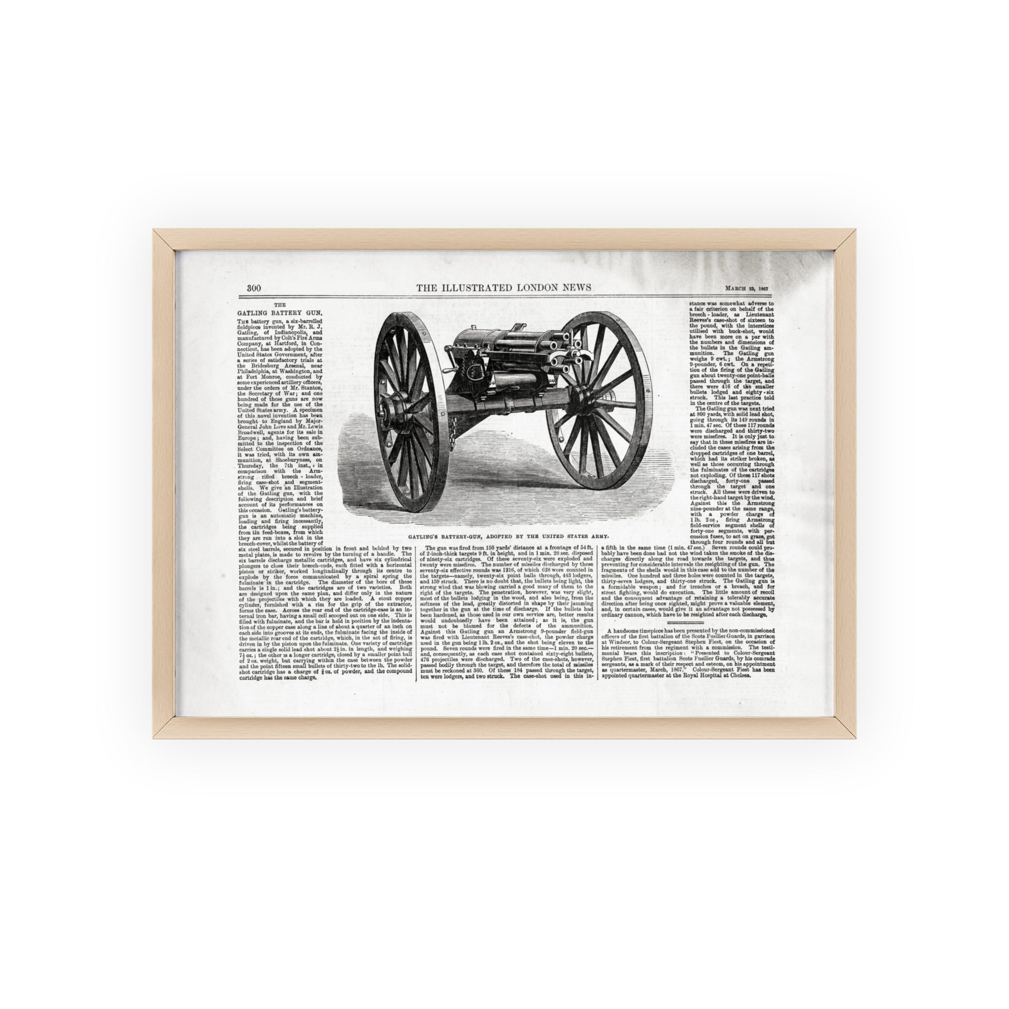 GATLING'S Battery-Gun, adopted by the United States Army. Vintage Cannon Patent Poster with Wooden Frame – Antique Engineering Print