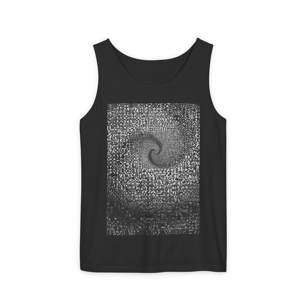 Spiral Text Art Tank Top — Monochrome Optical Typography Tee