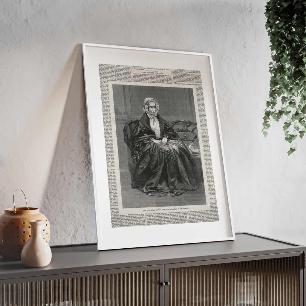 The Late Marie Amelie D'Orleans, Ex-Queen of the French. Vintage Portrait Newspaper Art Poster with Black Wooden Frame