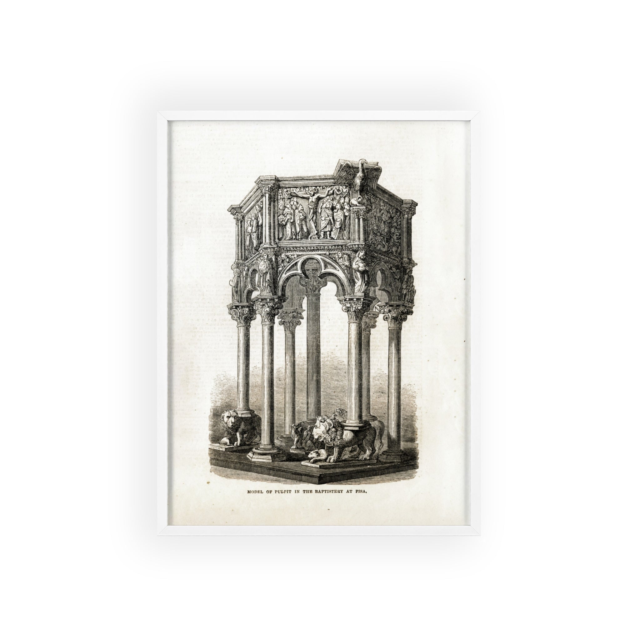 Model of Pulpit in the Baptistery at PISA. Antique Architectural Print Poster — Gothic Baptistery Illustration in Wooden Frame