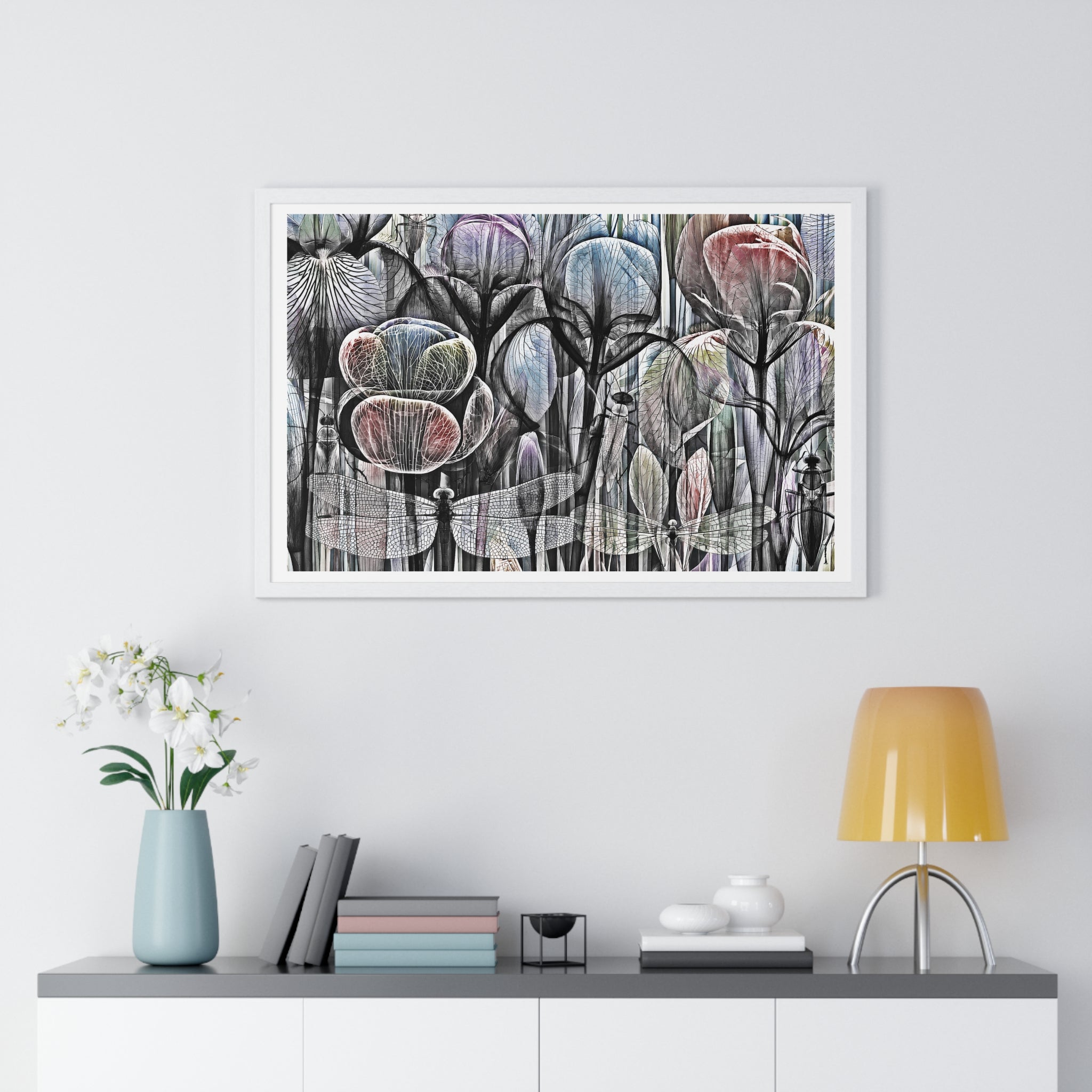 Framed Poster — Dreamy Botanical Dragonfly Art Print