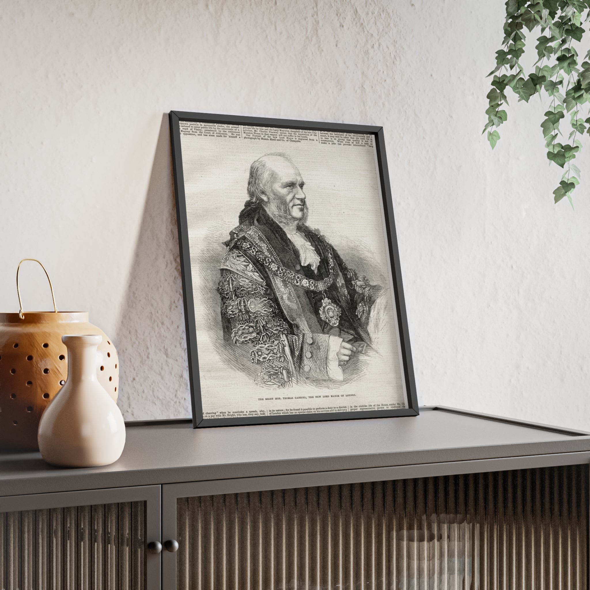 The Right Hon.Thomas Gabriel, the New Lord Mayor of London. Vintage Illustrated Statesman Poster with Black Wooden Frame