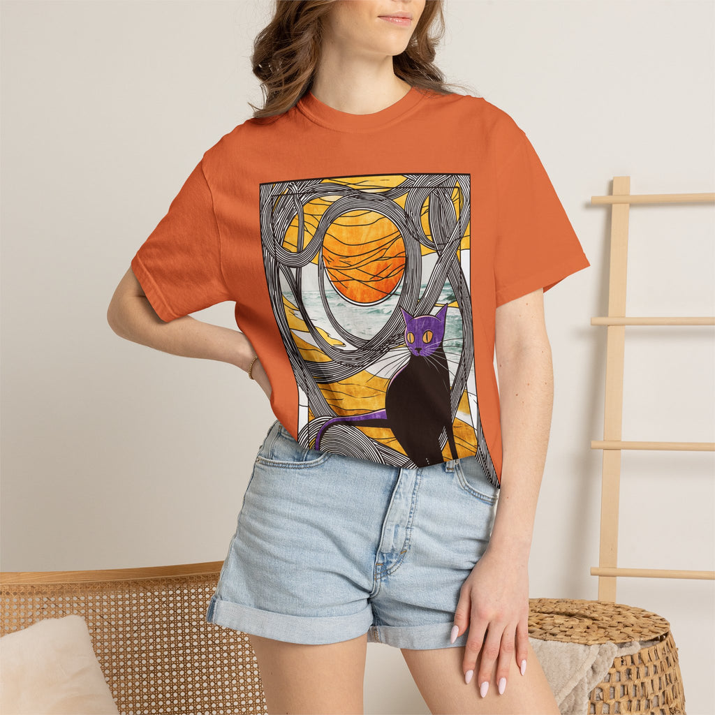 Cat Moon T-Shirt — Black Cat with Purple Mask & Sunset Stained-Glass Design