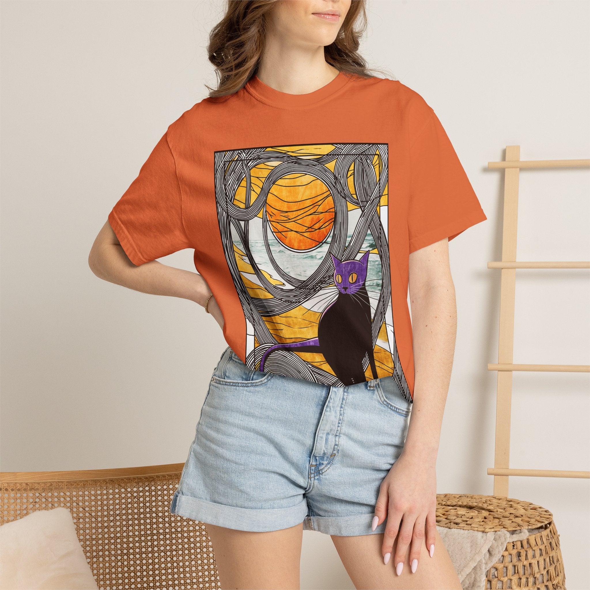 Cat Moon T-Shirt — Black Cat with Purple Mask & Sunset Stained-Glass Design