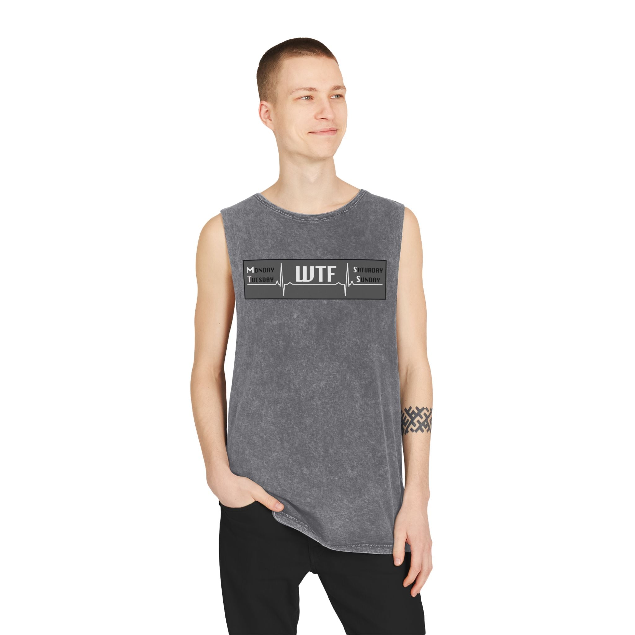 WTF Tattoo Pulse Graphic Tank Top — Stonewash Sleeveless Tee for Edgy Casual Wear