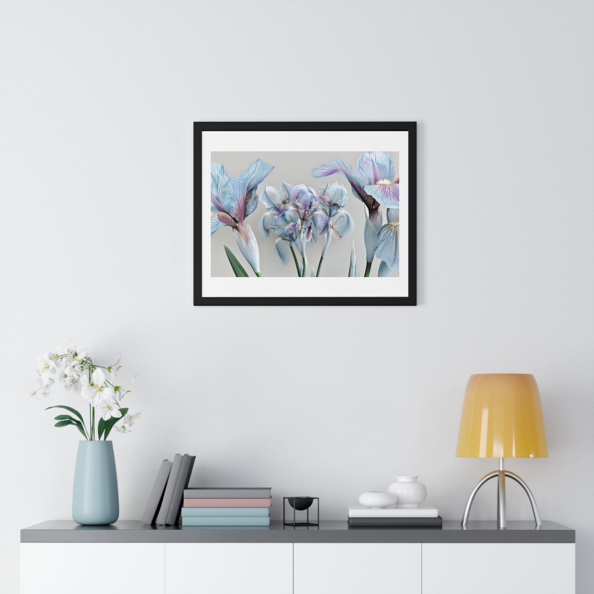 Botanical Iris Framed Poster — Soft Blue Floral Wall Art (Horizontal)