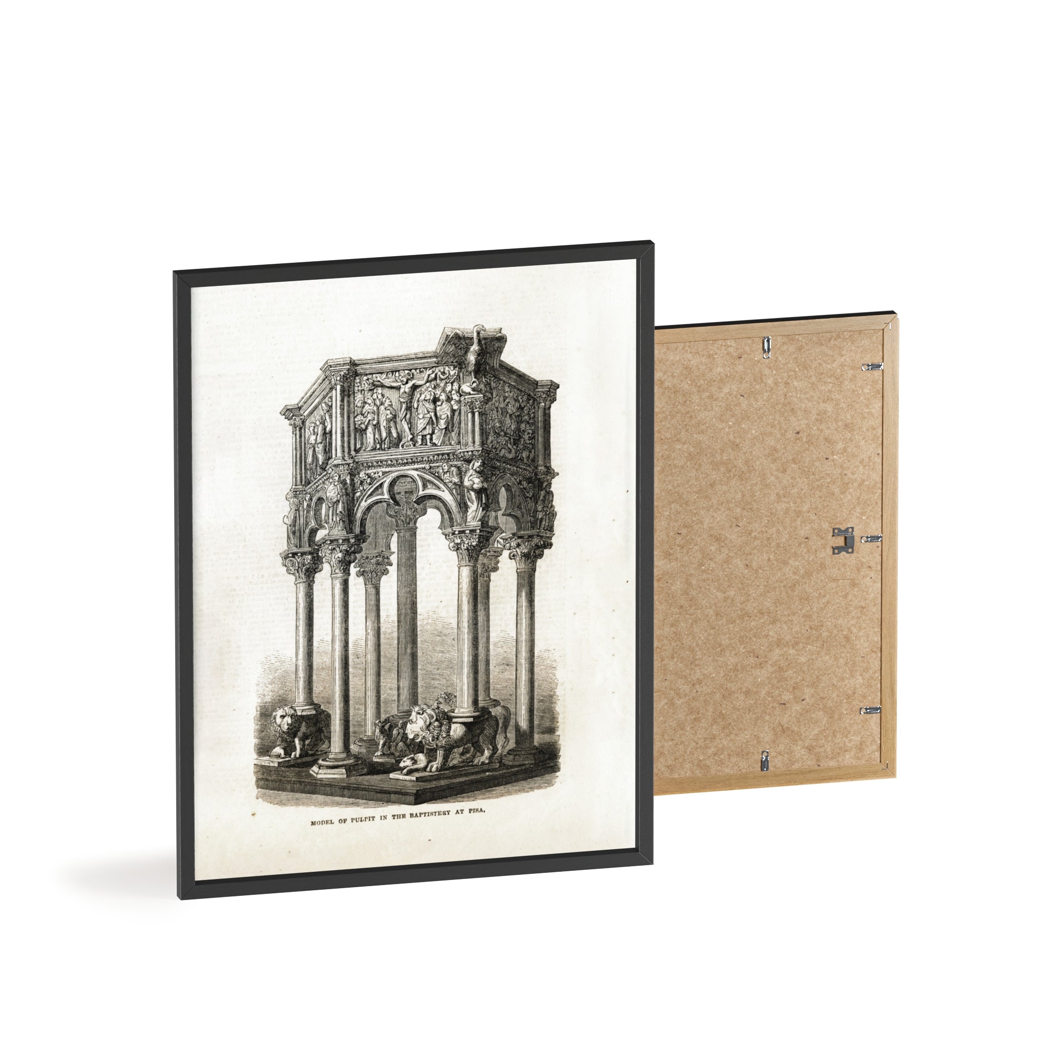 Model of Pulpit in the Baptistery at PISA. Antique Architectural Print Poster — Gothic Baptistery Illustration in Wooden Frame