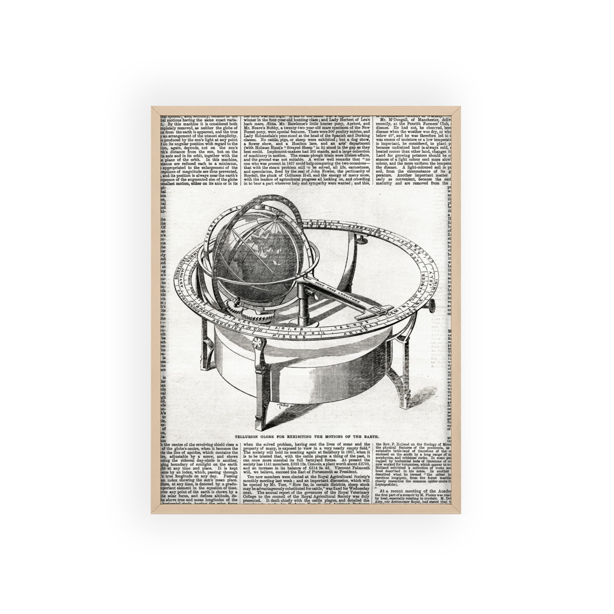 TELLURION GLOBE for Exhibiting the Motions of the Earth. Vintage Celestial Globe Poster with Wooden Frame — Antique Astronomy Wall Art