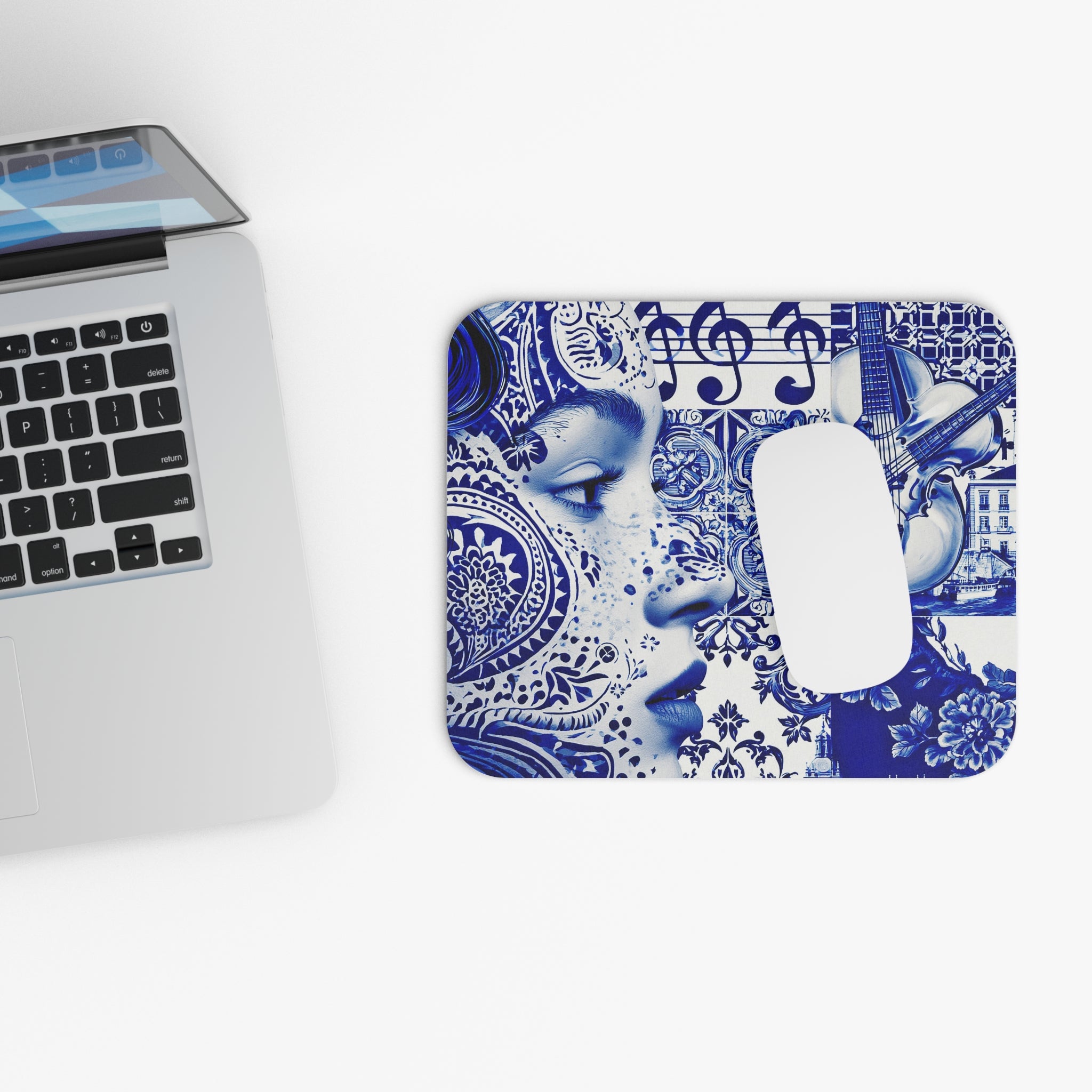 Blue Tile Art Mouse Pad — Musical Violin & Ornamental Face Desk Mat