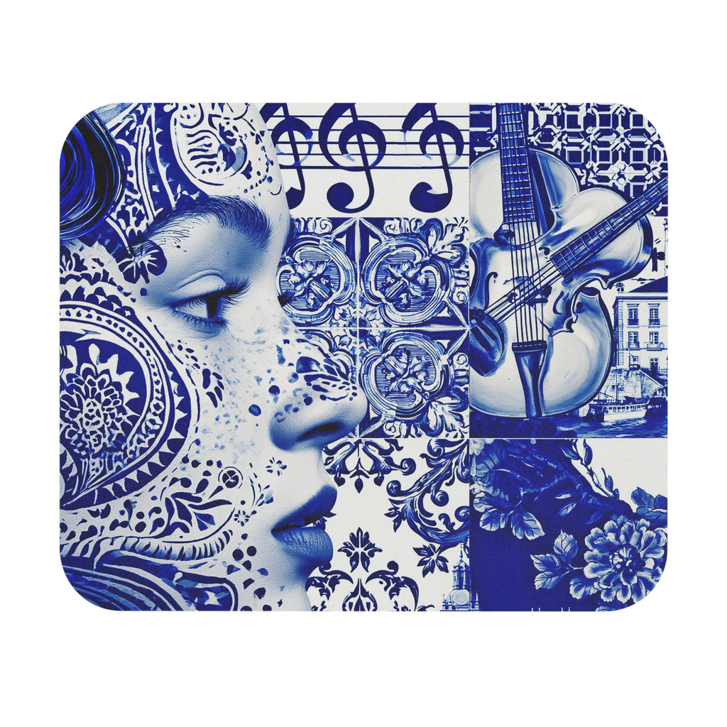 Blue Tile Art Mouse Pad — Musical Violin & Ornamental Face Desk Mat