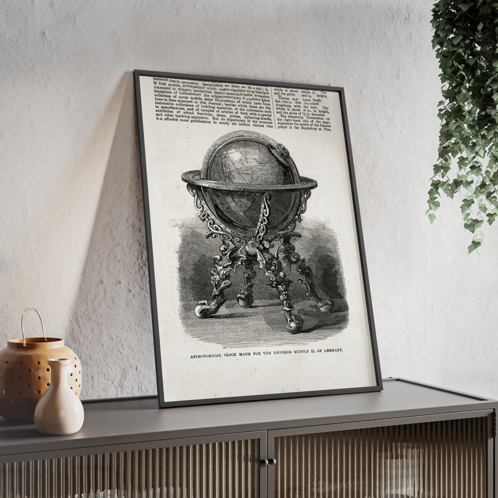 Astronomical Clock made for the Emperor RUDOLPH II, of Germany. Vintage Globe Illustration Poster with Wooden Frame — Antique Map Print