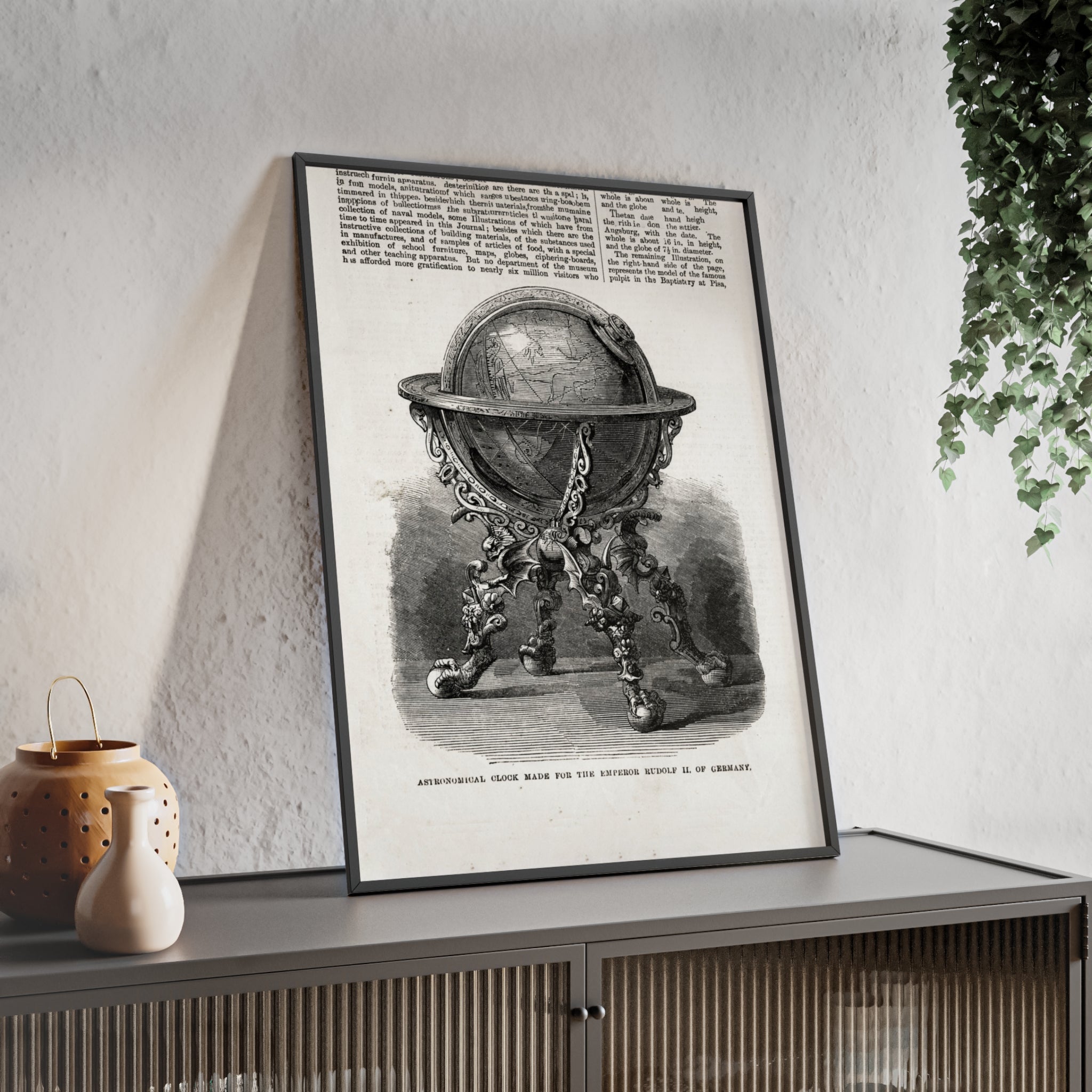 Astronomical Clock made for the Emperor RUDOLPH II, of Germany. Vintage Globe Illustration Poster with Wooden Frame — Antique Map Print