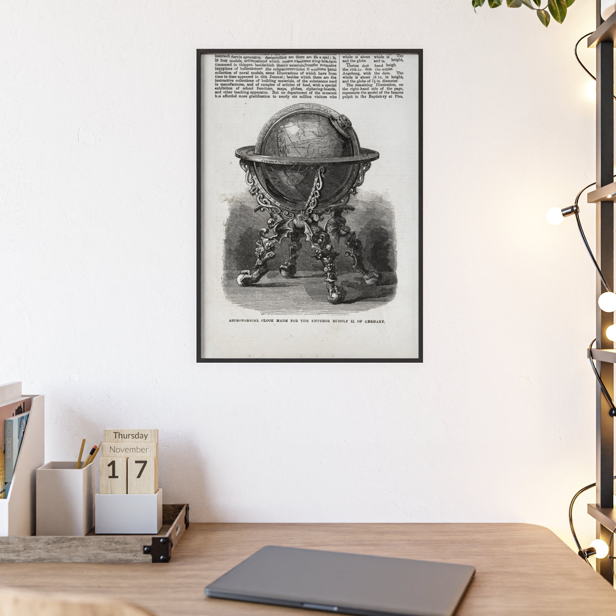 Astronomical Clock made for the Emperor RUDOLPH II, of Germany. Vintage Globe Illustration Poster with Wooden Frame — Antique Map Print