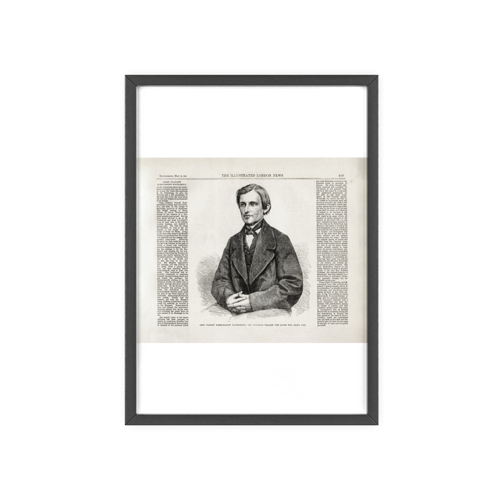 OSSIP IVANOFF, the peasant who saved the CZAR's Life. Vintage Illustrated Portrait Poster with Wooden Frame — Antique Newspaper Art Print
