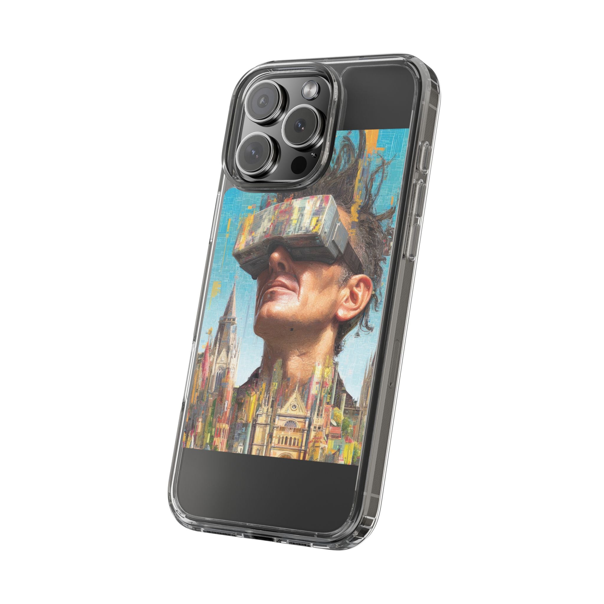 Clear Phone Case — Retro VR Cityscape Illustration