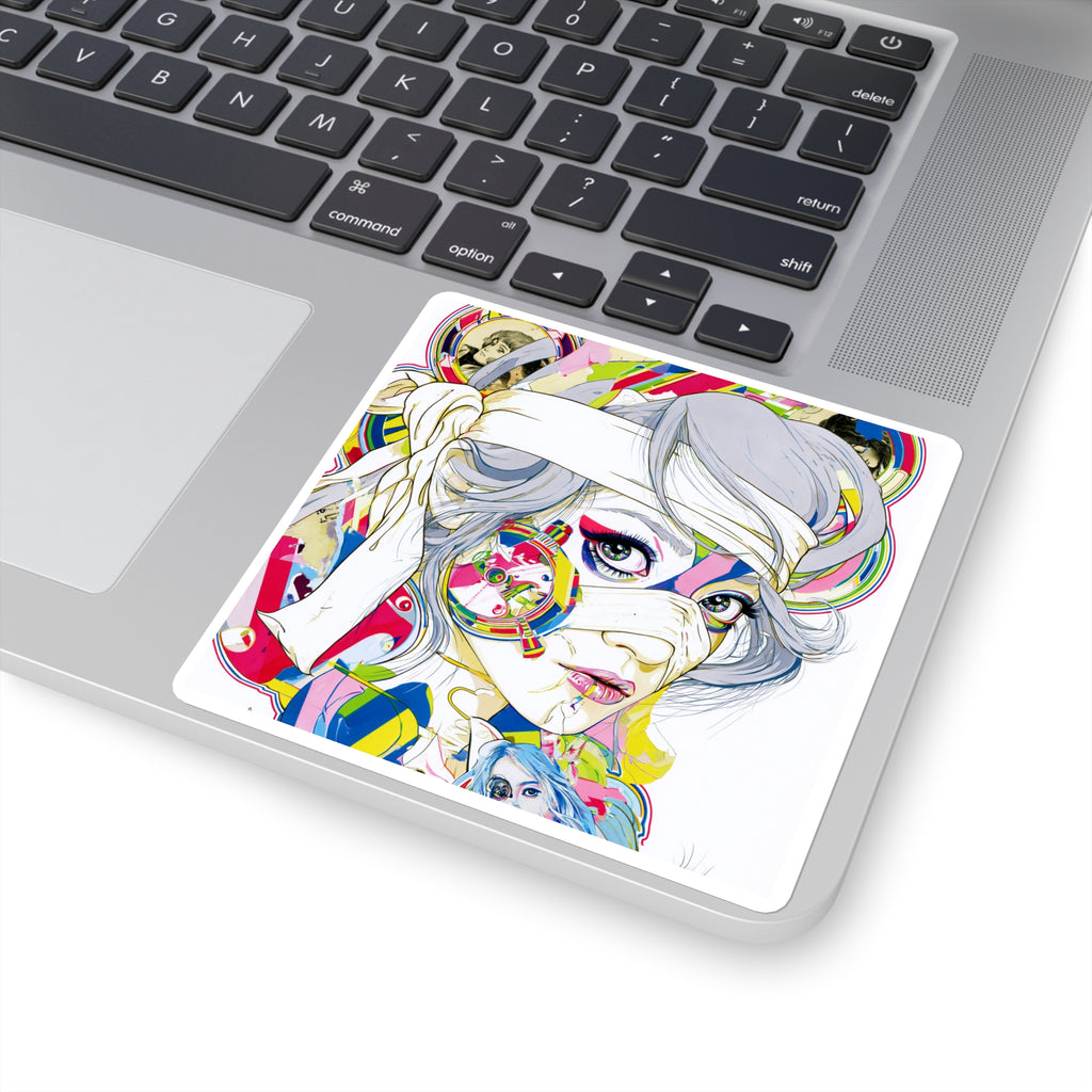 Pop Art Female Portrait Square Sticker — Colorful Anime-Inspired Laptop Decal